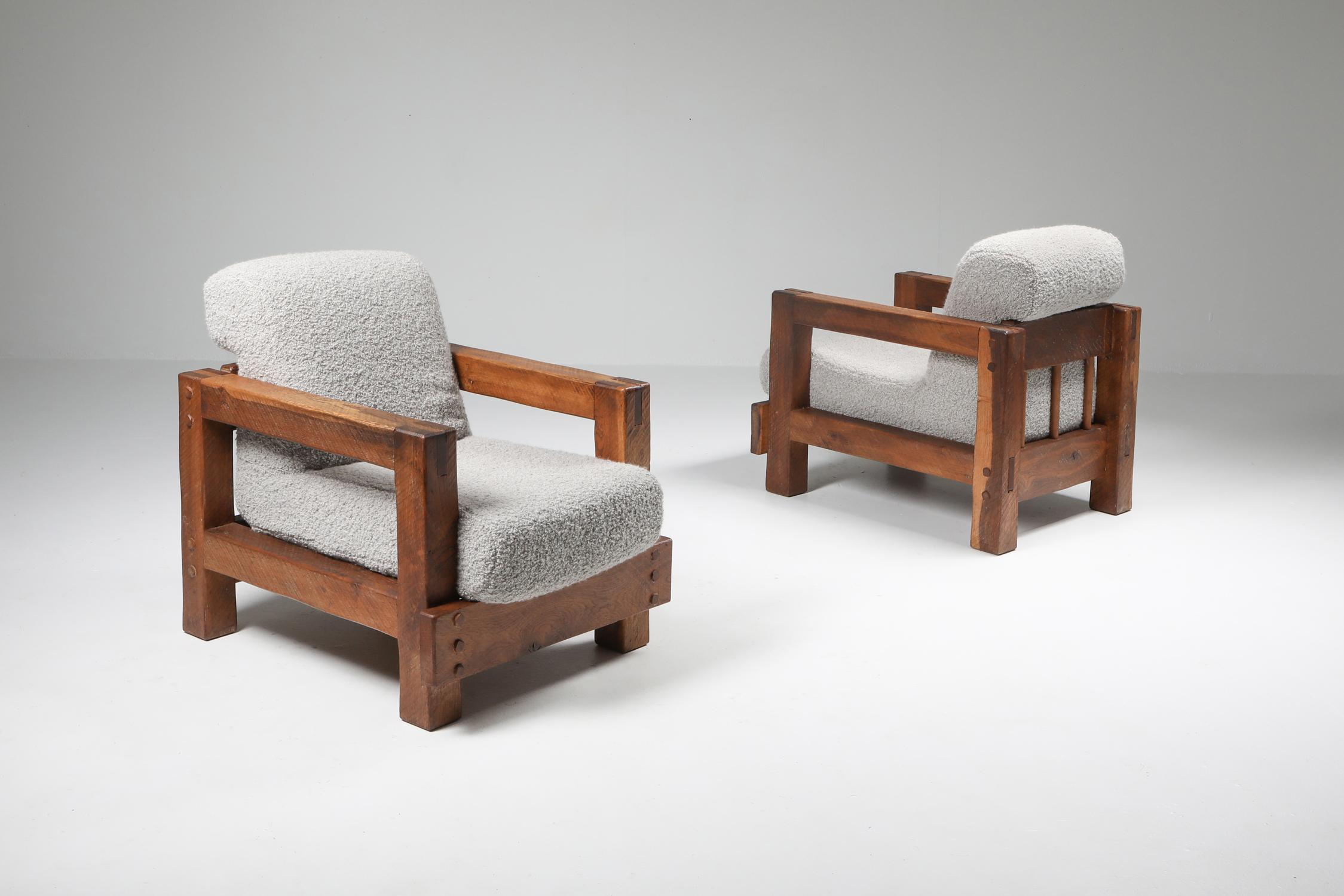 Rustic modern armchairs, bouclé wool, Pierre Frey

Chalet style wabi sabi lounge chairs in solid oak
Would fit well in an Axel Vervoordt inspired decor.



   