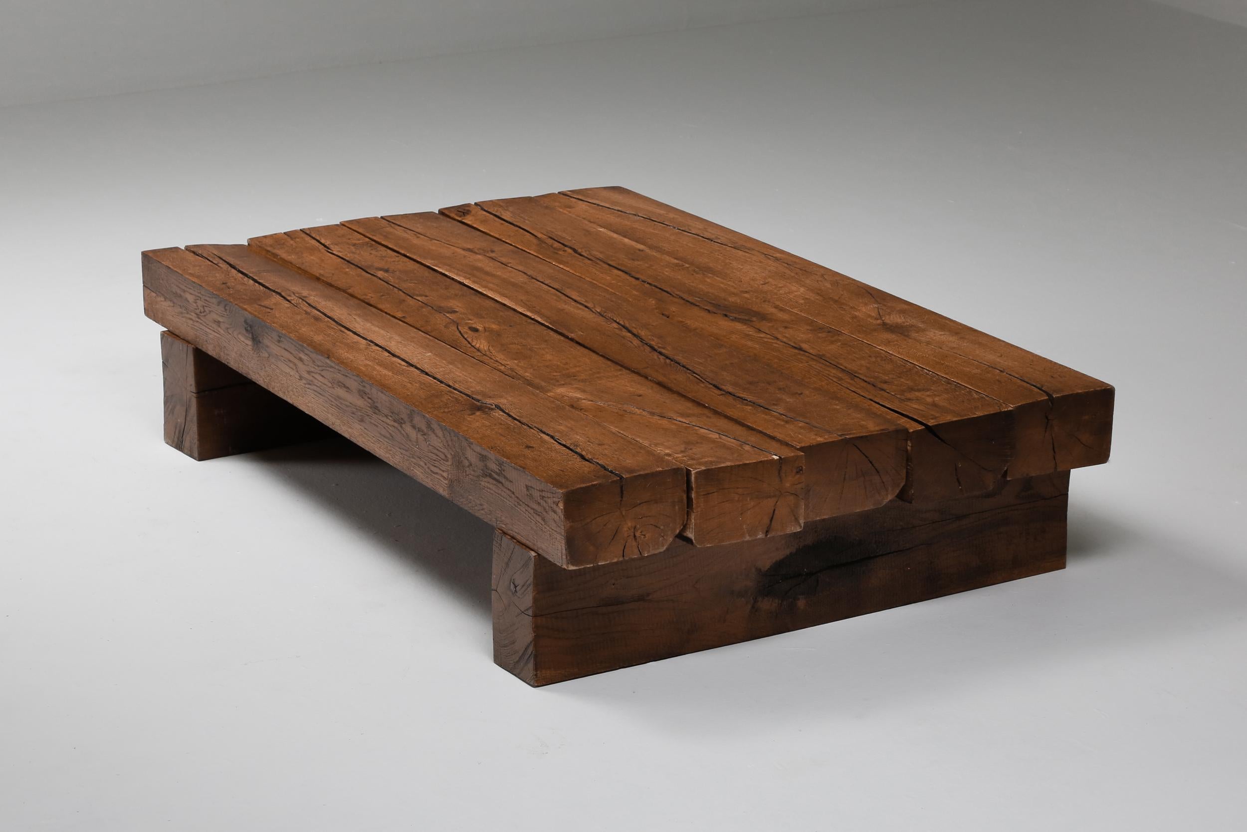 Rustic Modern Rectangular Coffee Table in Solid Oak In Good Condition In Antwerp, BE