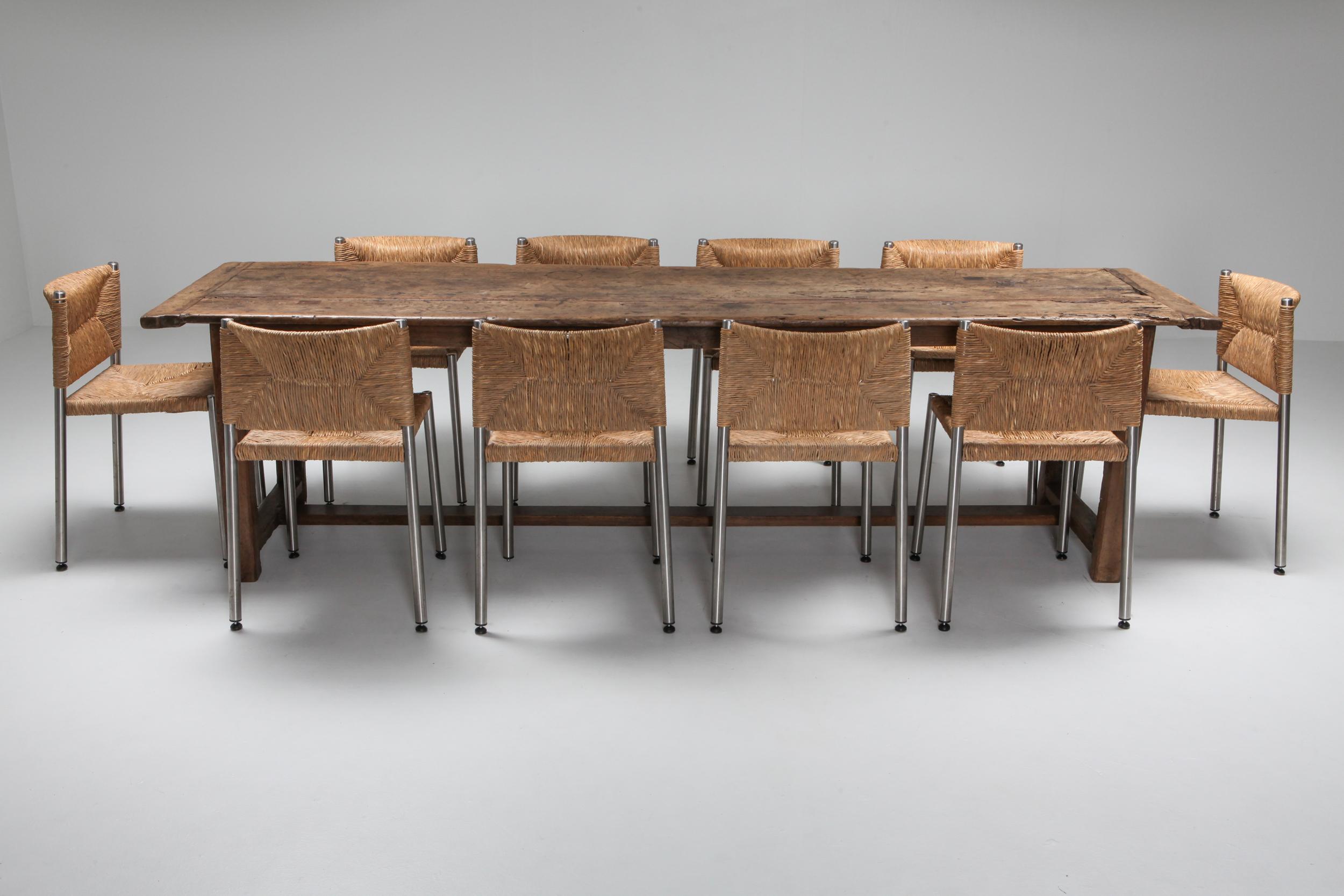 Rustic Modern Refactory Oak Dining Table In Distressed Condition In Antwerp, BE