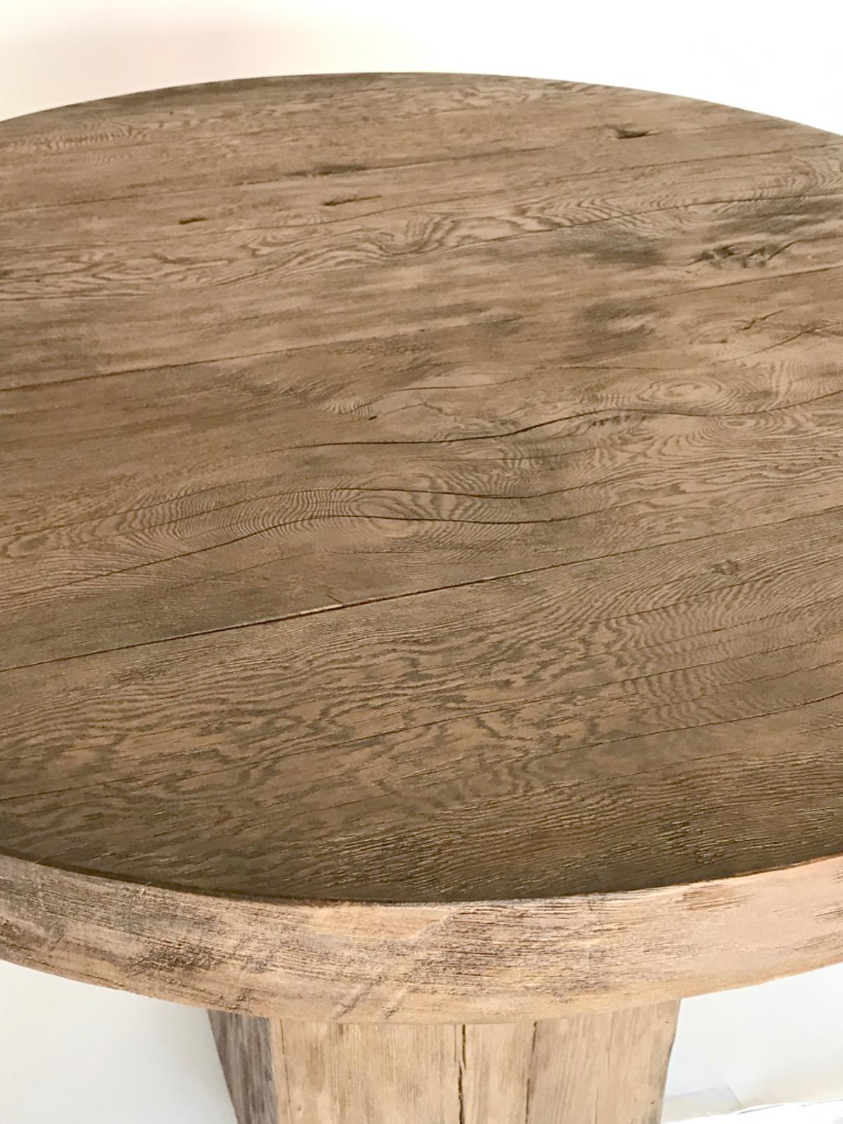 Rustic Modern Round Pedestal Table by Dos Gallos Studio In Distressed Condition In Los Angeles, CA