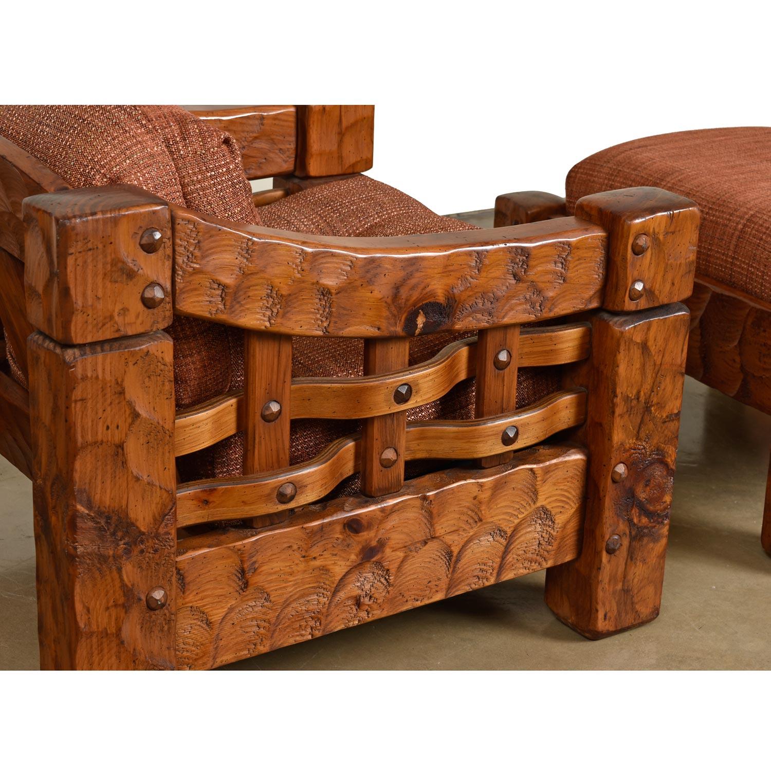 Rustic Modern Solid Knotty Pine Cabin Lodge Lounge Chairs & Ottomans Set by Null 6