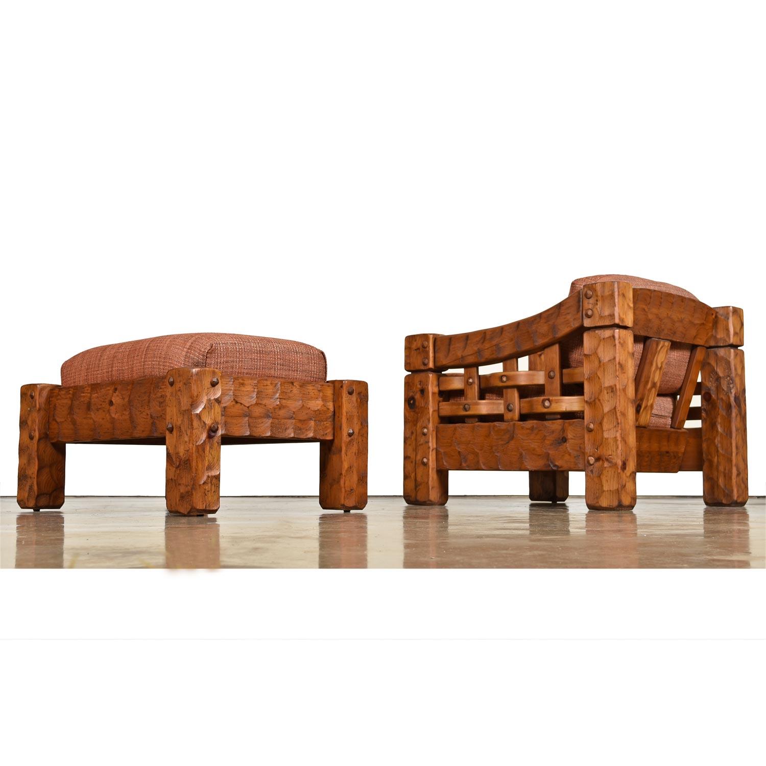 American Rustic Modern Solid Knotty Pine Cabin Lodge Lounge Chairs & Ottomans Set by Null