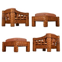 Vintage Rustic Modern Solid Knotty Pine Cabin Lodge Lounge Chairs & Ottomans Set by Null