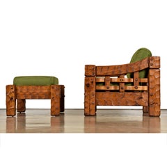 Rustic Modern Solid Knotty Pine Lounge Chairs & Ottoman Set by Null