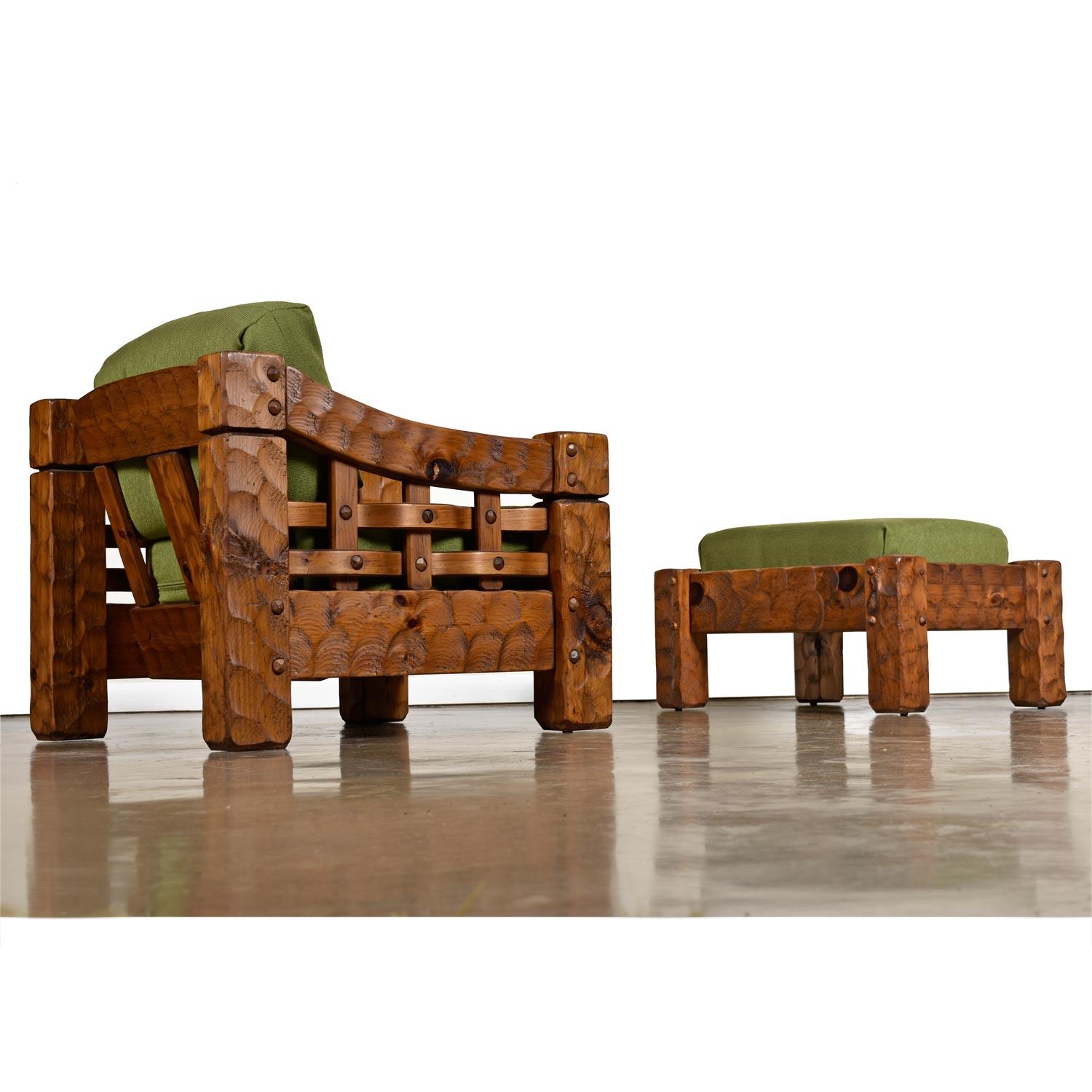 American Rustic Modern Solid Knotty Pine Lounge Chairs & Ottoman Set by Null