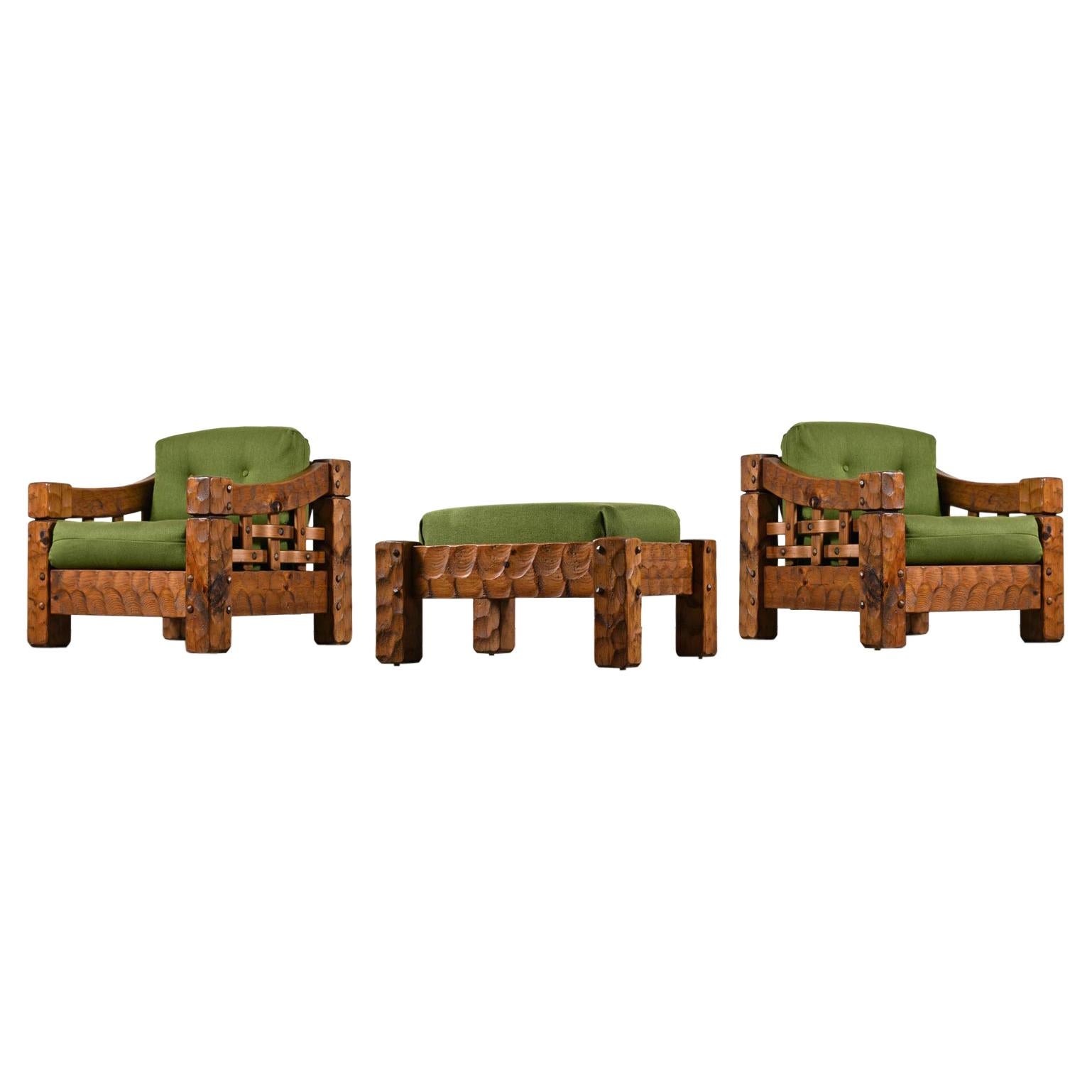 Rustic Modern Solid Knotty Pine Lounge Chairs & Ottoman Set by Null