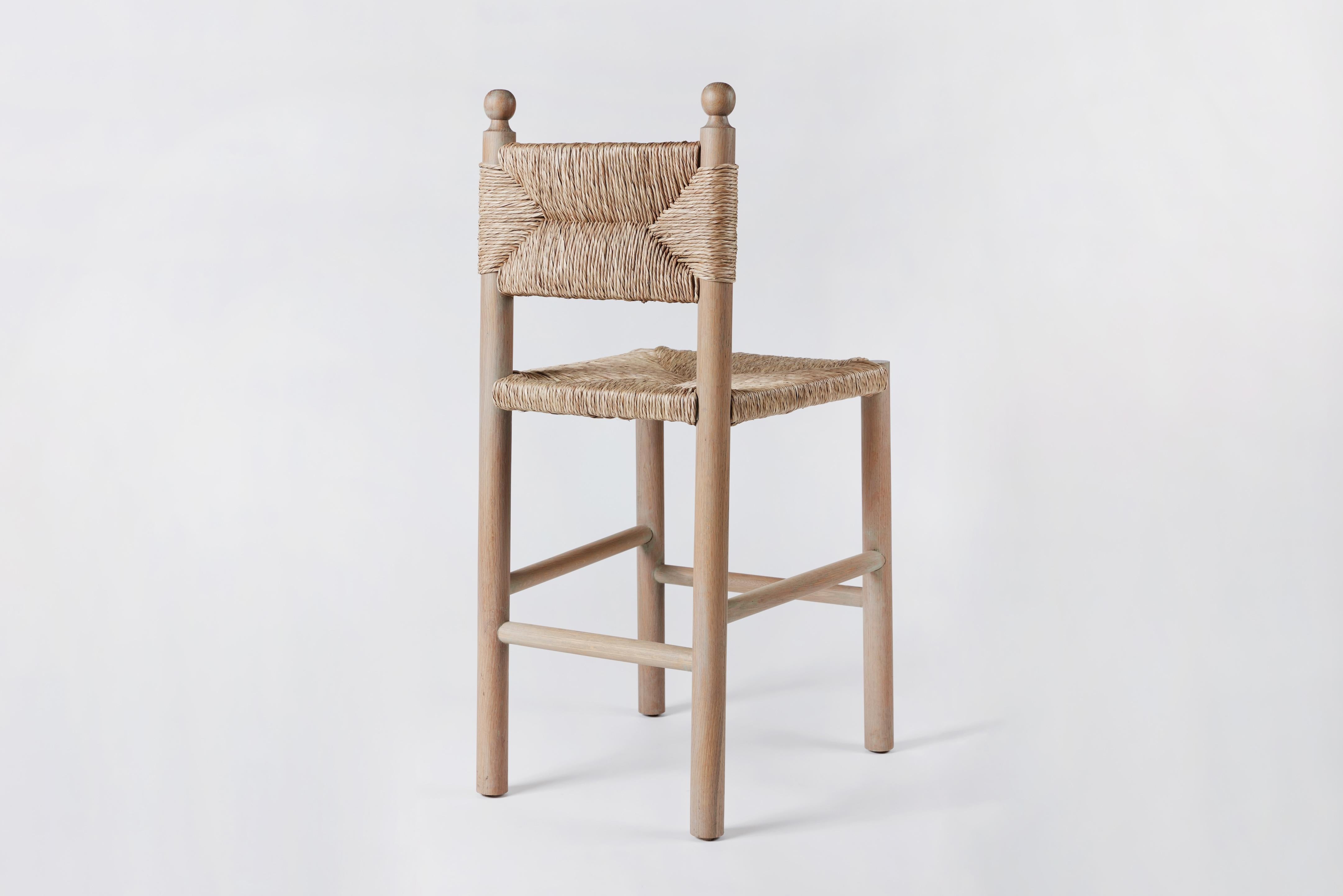 Hand-Carved Rustic Modern Sydney Counter Stool in Rush by Martin & Brockett, Finial Detail For Sale