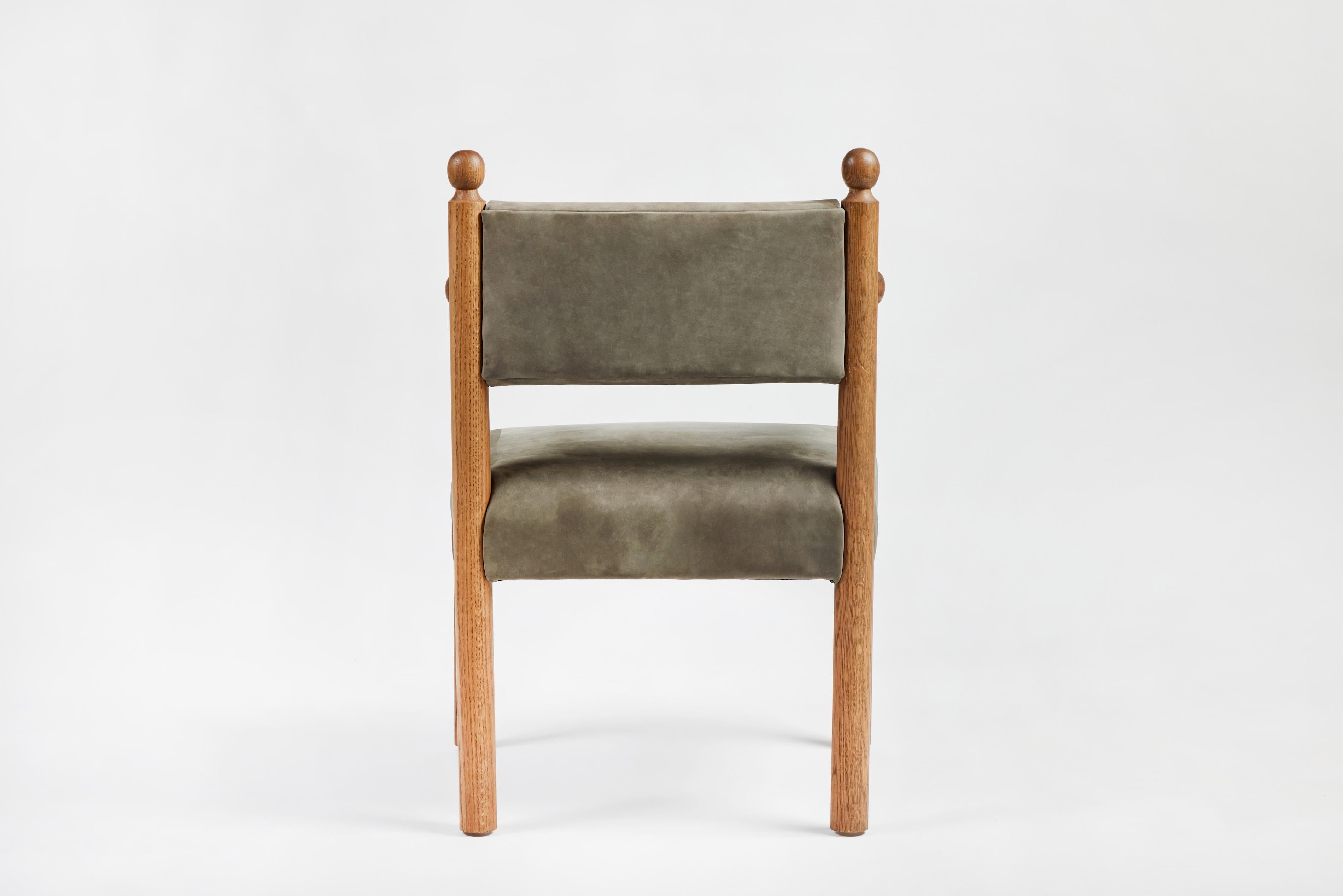 Upholstery Rustic Modern Sydney Dining Chair with Arms Turned Finials by Martin & Brockett For Sale