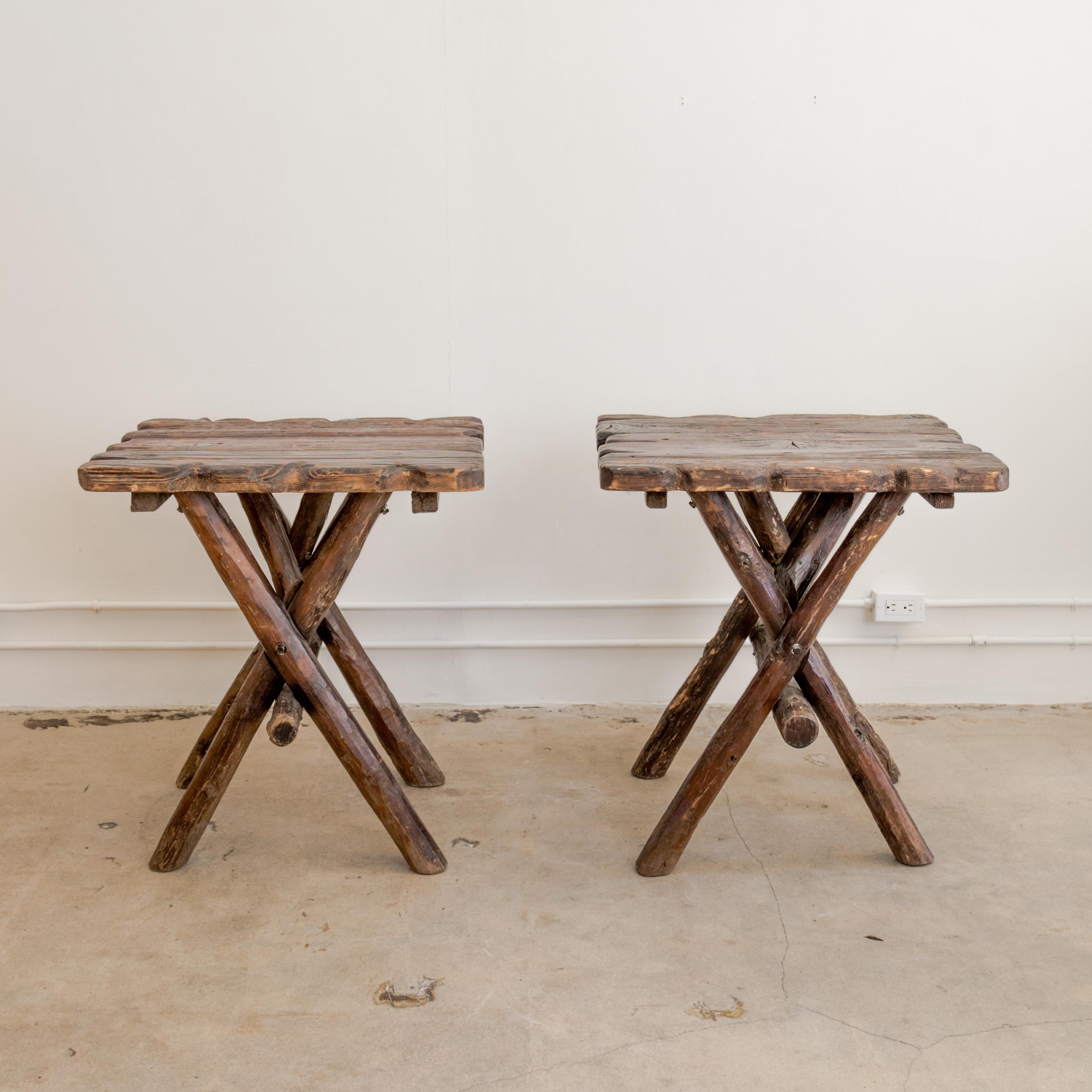 Pair of rustic fir x-base side tables, fabulous open grain texture, natural edge, Morocco circa 1990's.