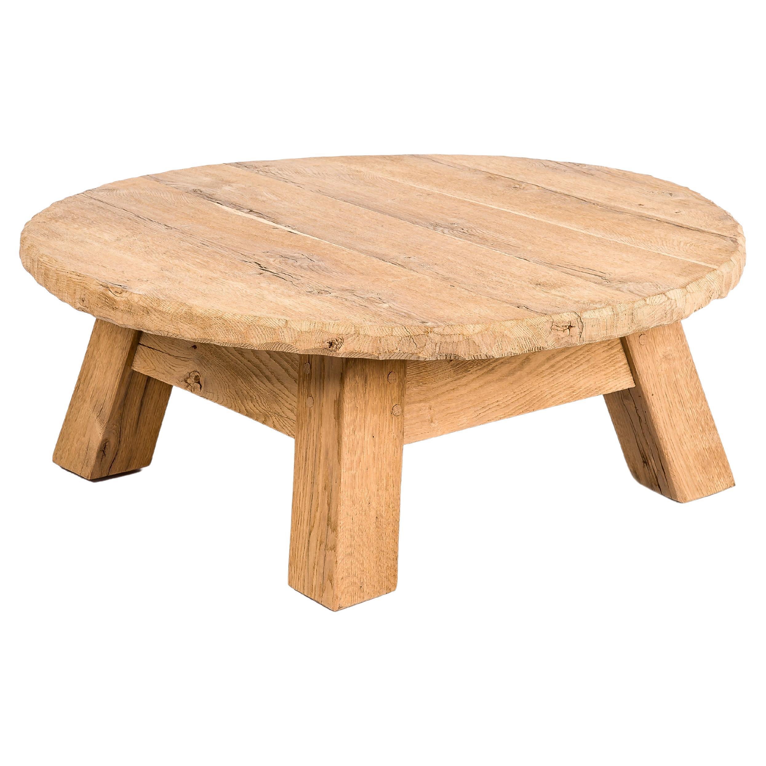 Rustic Natural Cleaned Solid Oak Round Coffee Table or Low Table For Sale
