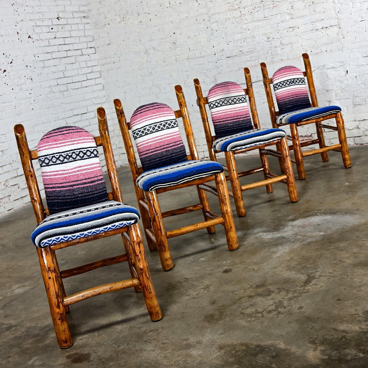 Rustic Natural Log Frame Dining Chairs with Traditional Serape Blanket Upholster For Sale 14