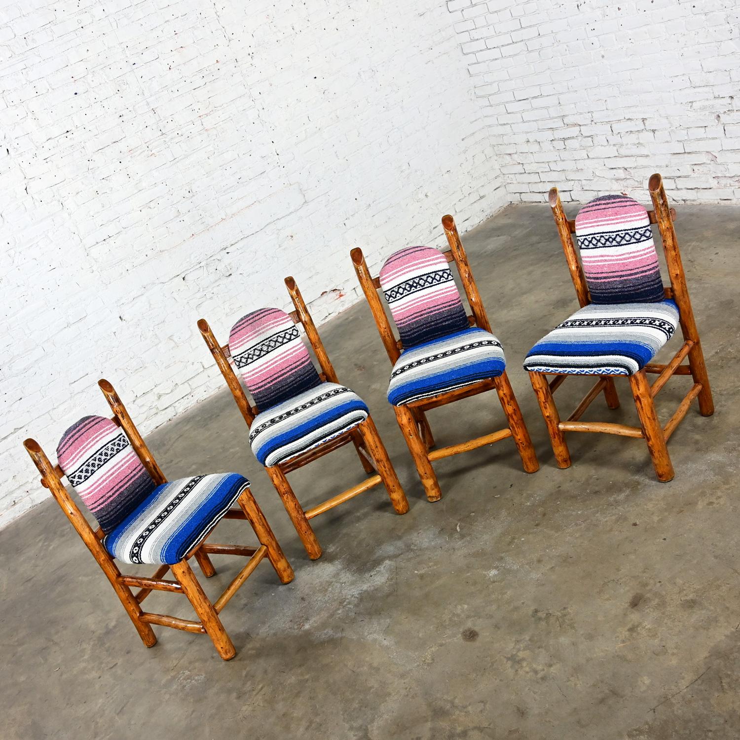 Rustic Natural Log Frame Dining Chairs with Traditional Serape Blanket Upholster In Good Condition For Sale In Topeka, KS