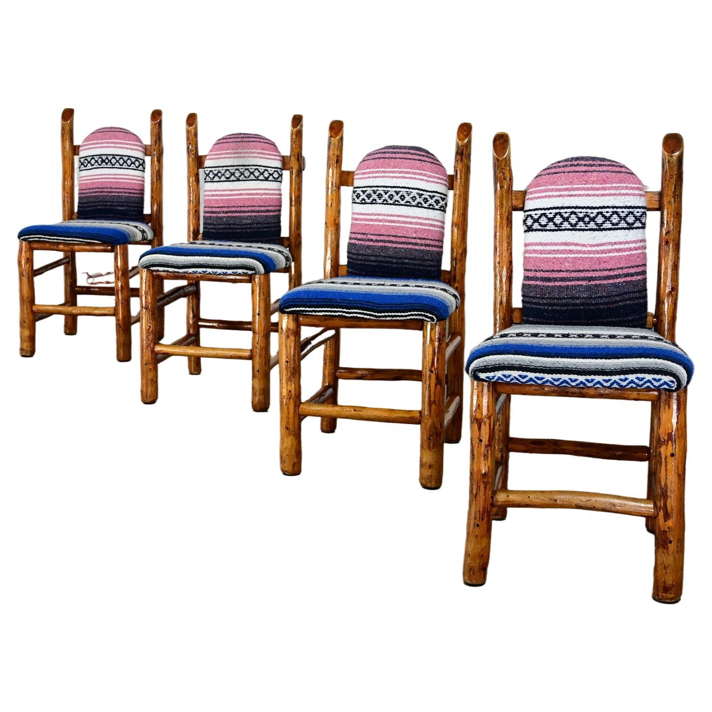 Rustic Natural Log Frame Dining Chairs with Traditional Serape Blanket Upholster For Sale