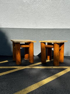 Rustic Natural Tree End Table with Removable Wood Top, Set of 2