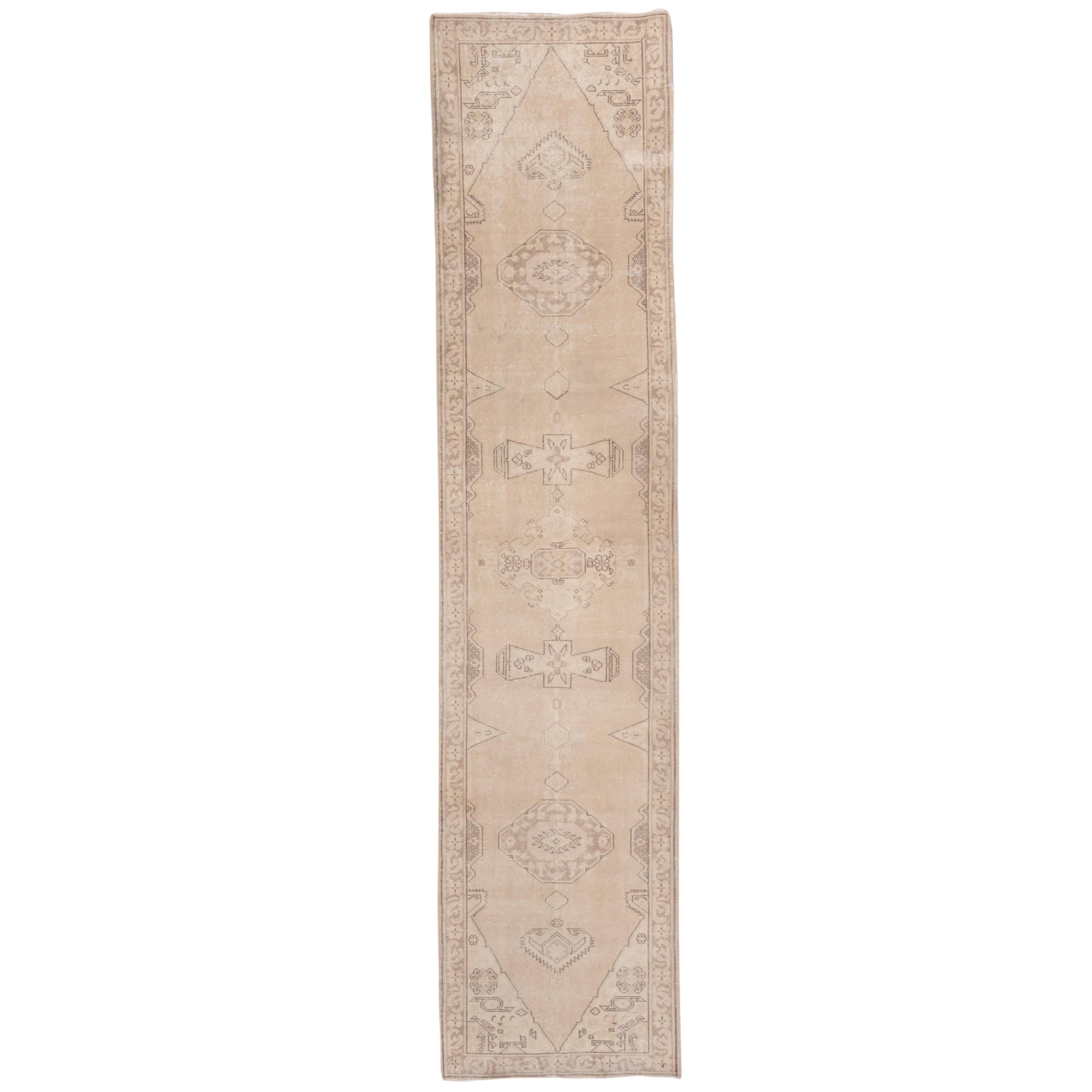 Rustic Neutral Turkish Oushak Runner, circa 1930s For Sale