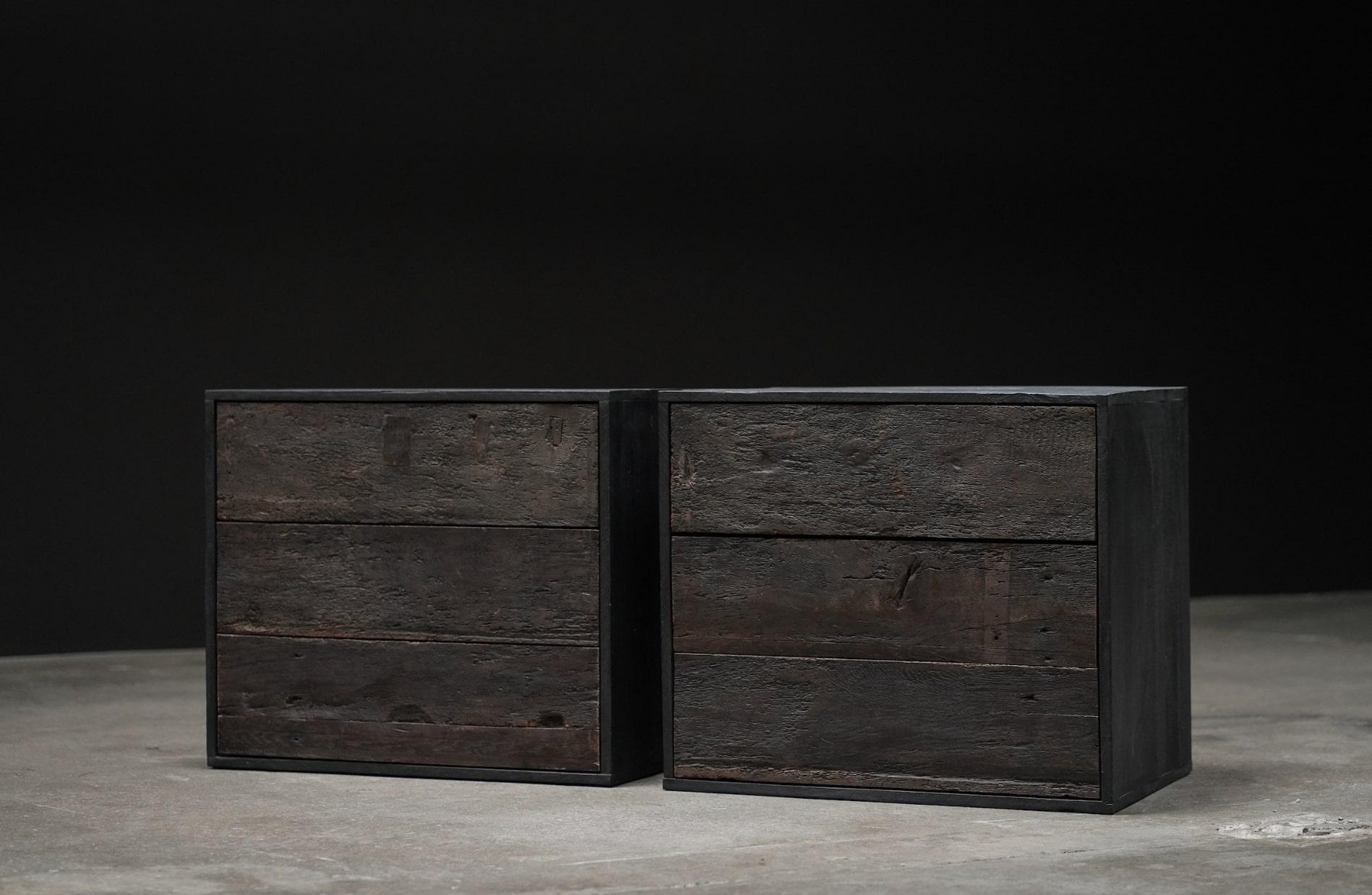 Rustic Nightstands, Belgium; 
Drawer Faces: Antique Oak Wood
Cabinet Exterior: Old Belgian Wood with Dark Stain Finish