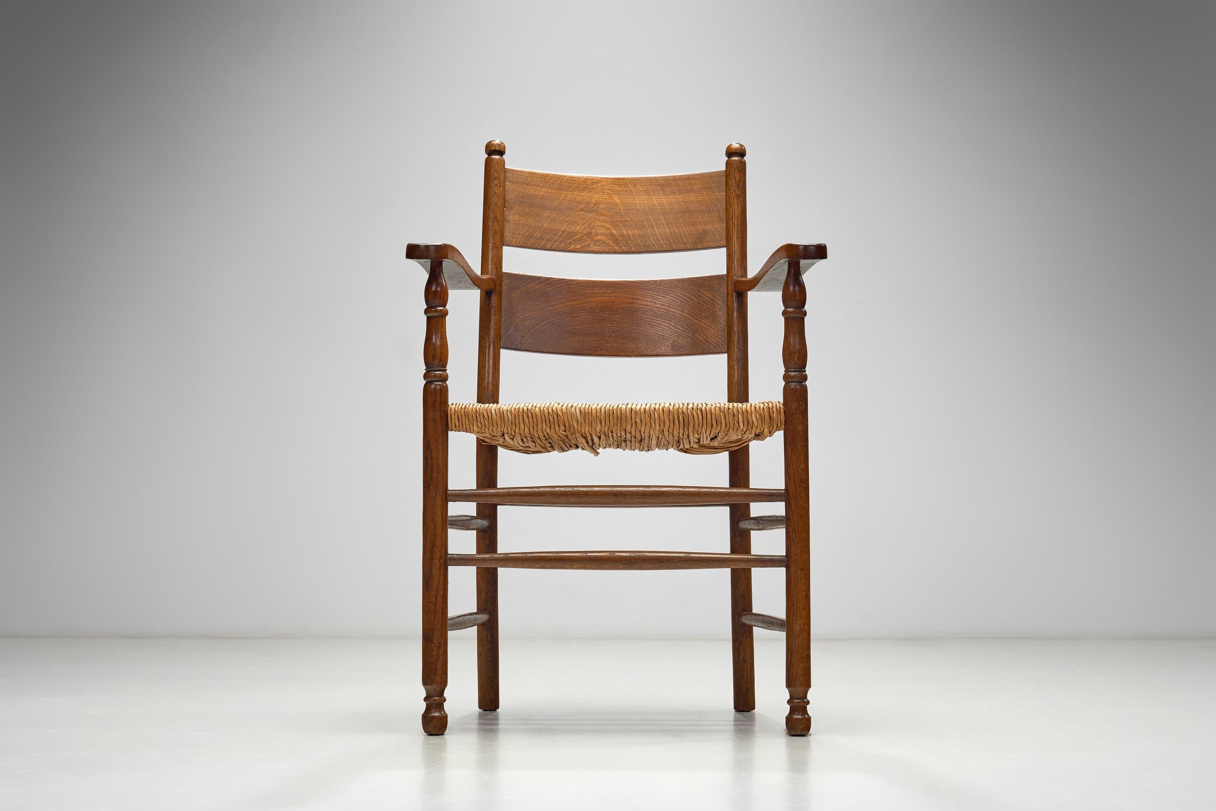 Rustic Oak and Rush Armchair, Europe 1930s For Sale 8