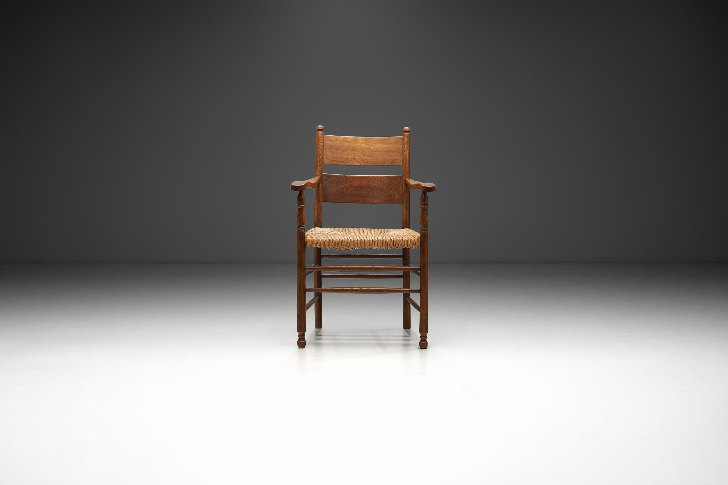 Mid-Century Modern Rustic Oak and Rush Armchair, Europe 1930s For Sale