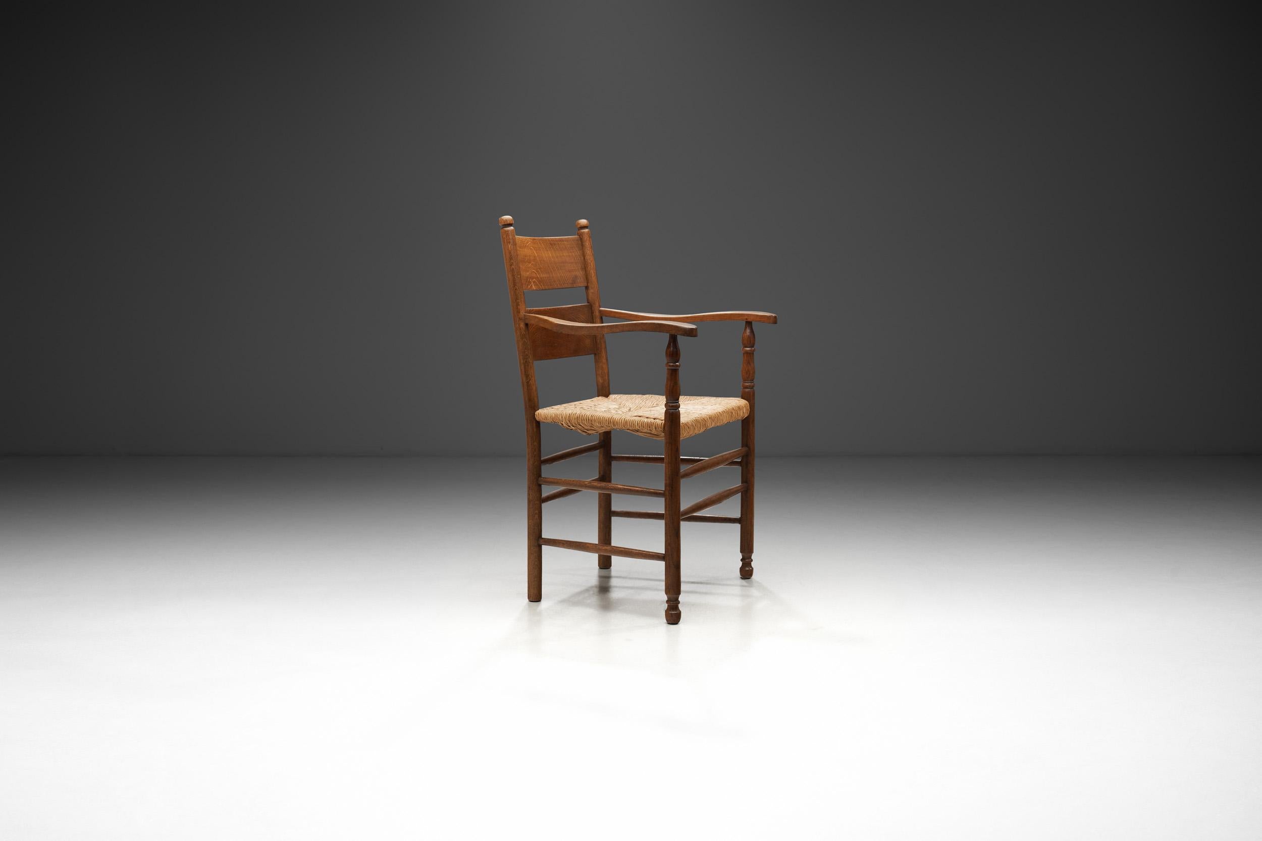 European Rustic Oak and Rush Armchair, Europe 1930s For Sale