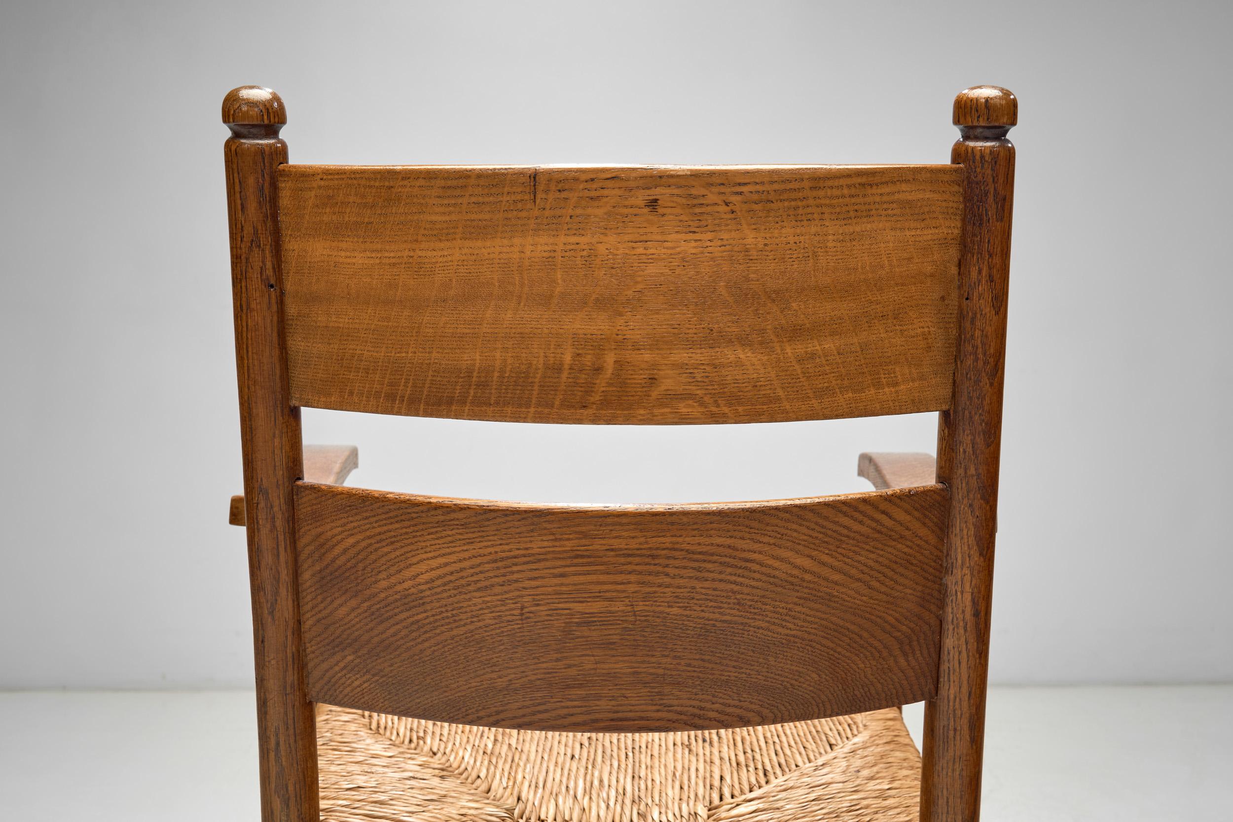 Rustic Oak and Rush Armchair, Europe 1930s For Sale 1
