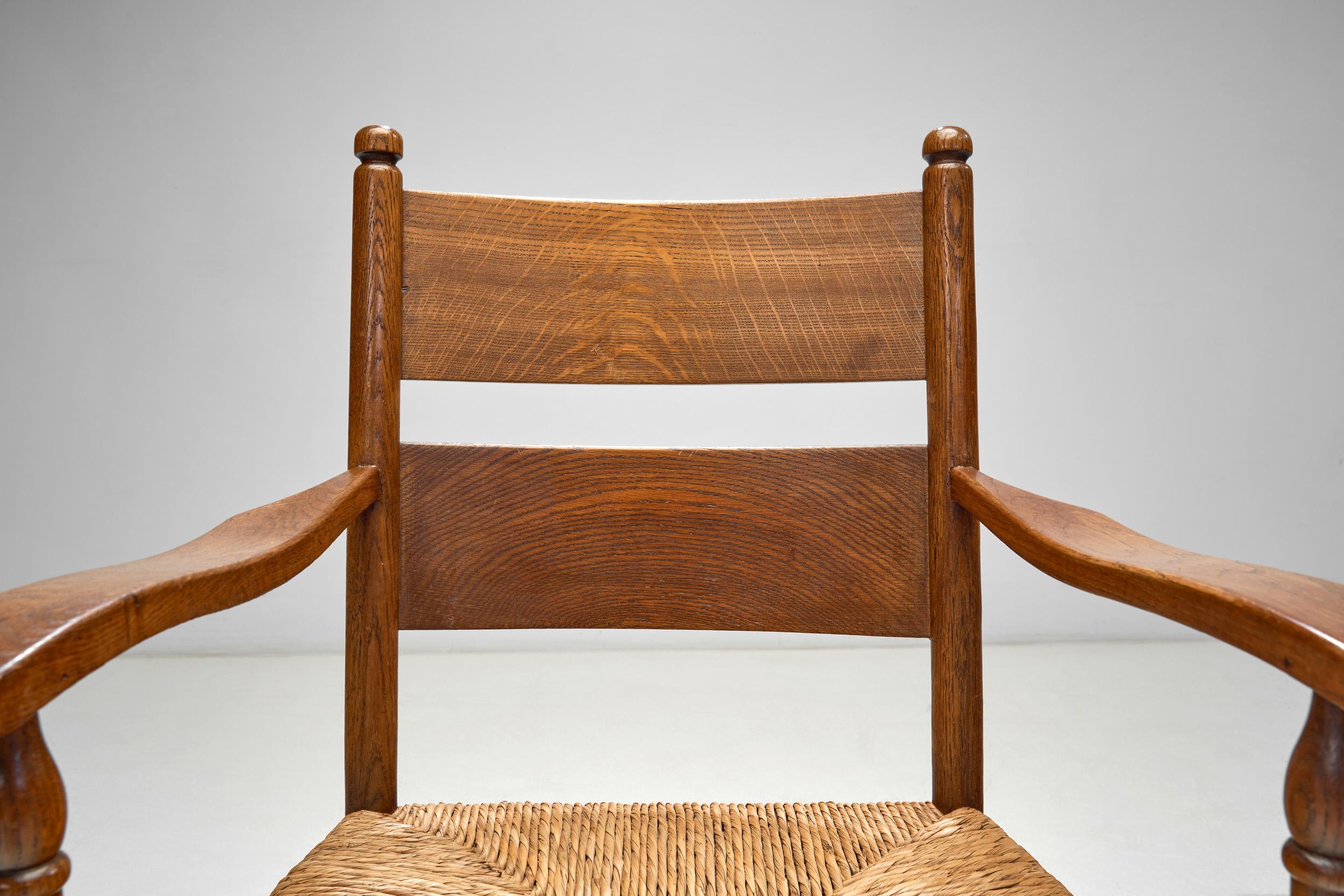Rustic Oak and Rush Armchair, Europe 1930s For Sale 2
