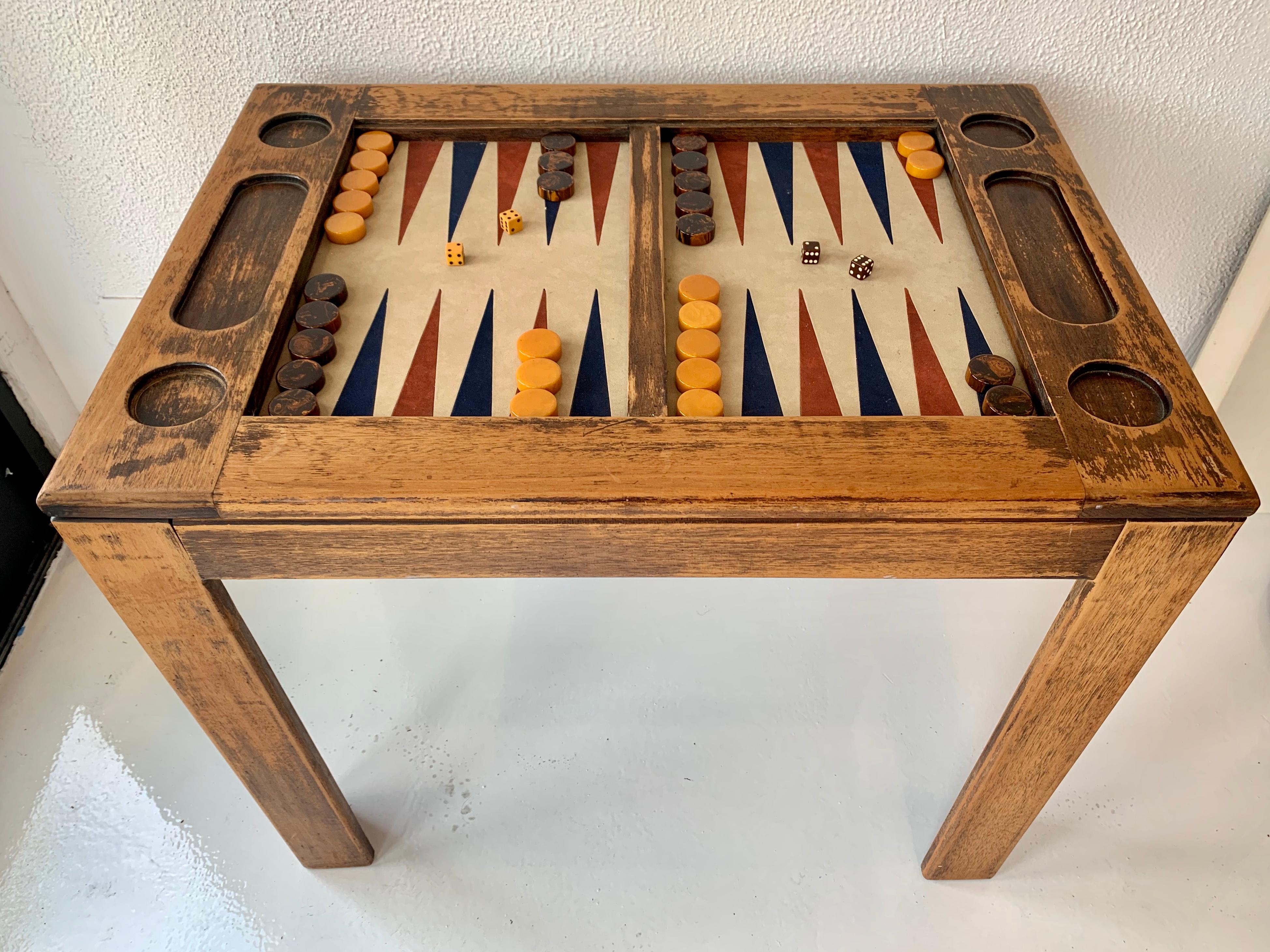 American Rustic Oak and Suede Backgammon Table