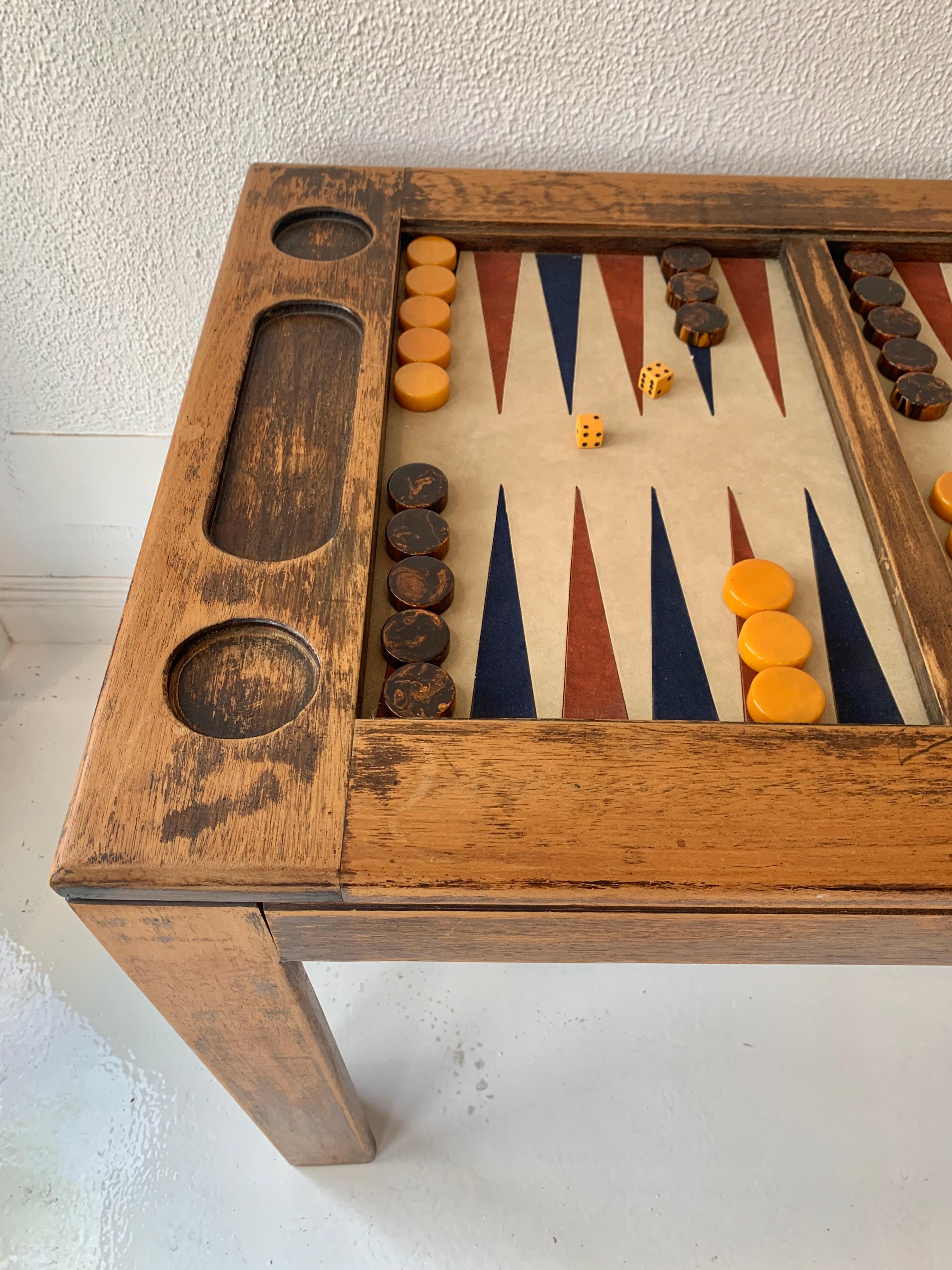 Rustic Oak and Suede Backgammon Table In Good Condition In Los Angeles, CA