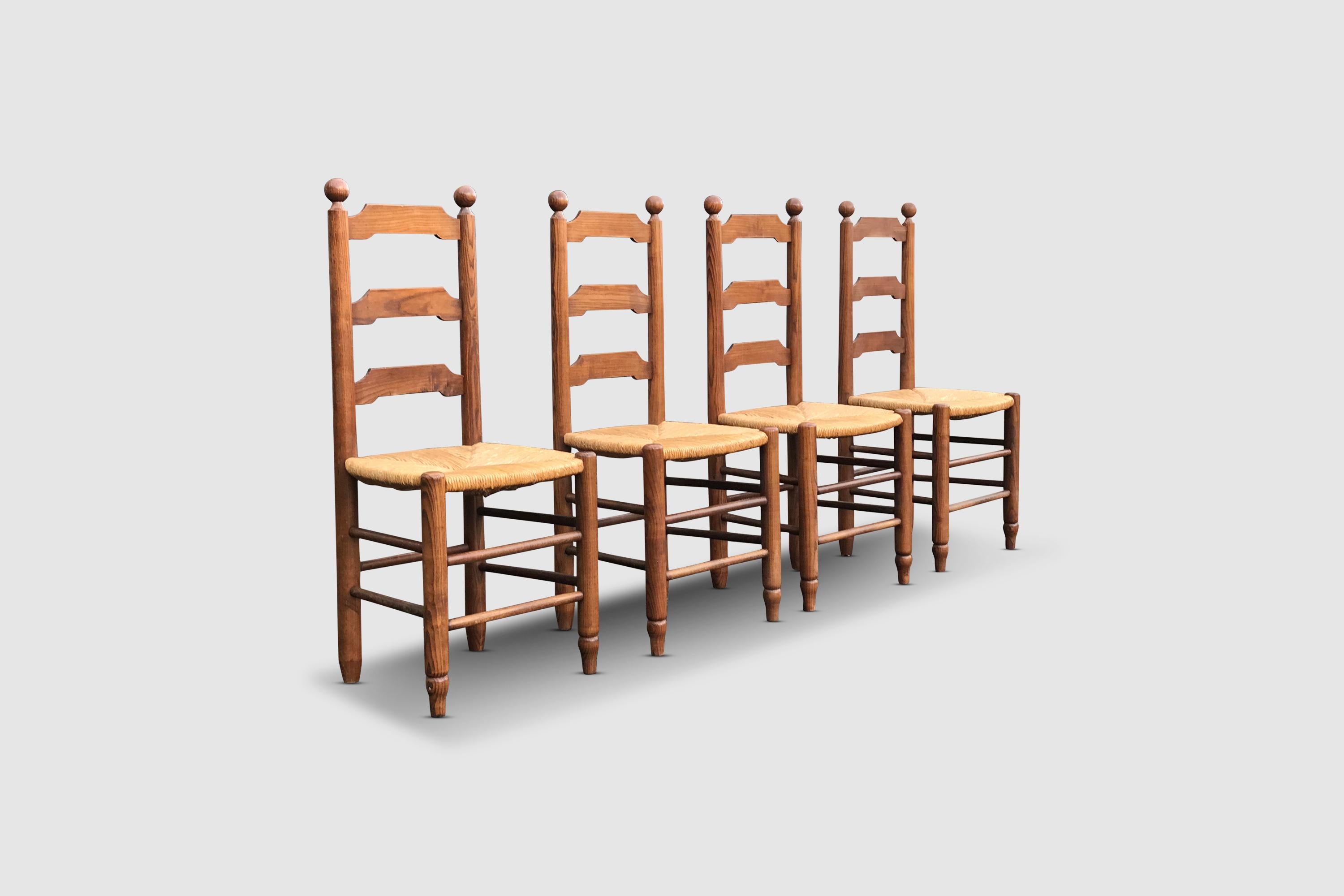 French Rustic oak and wicker dining chair Georges Robert France 1960s, set of 4 For Sale