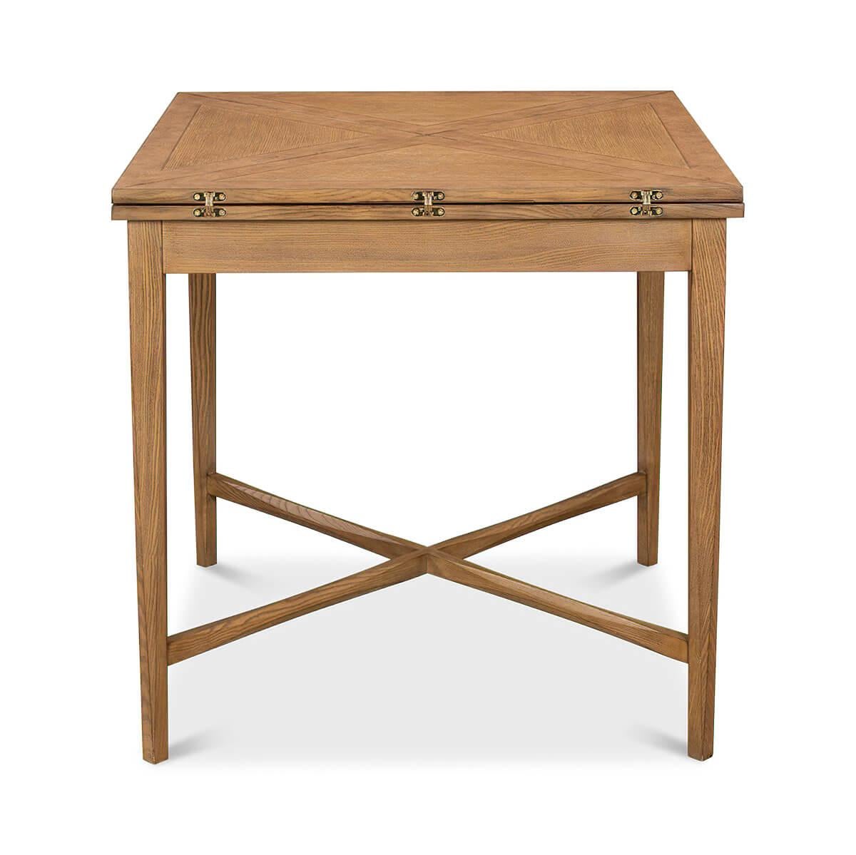 A modern Neo Classic form rustic oak envelope game table. Of solid and veneered oak, burl and walnut, the envelope fold-over flip top game table has a swivel top revealing a large square top table surface. 

Dimensions: 
Open - 45