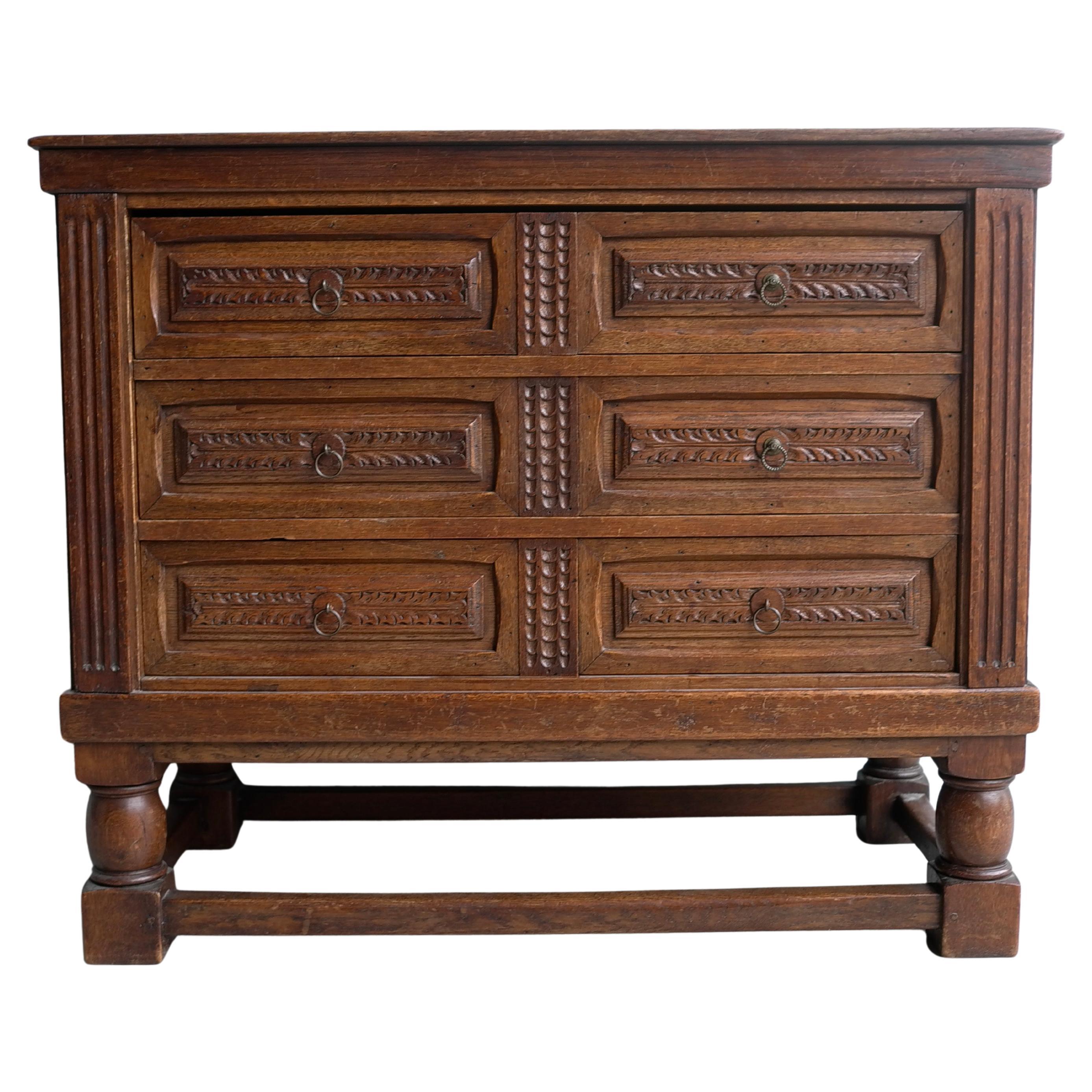 Rustic Oak "Folk art" Wooden Chest of Drawers, France circa 1920's
