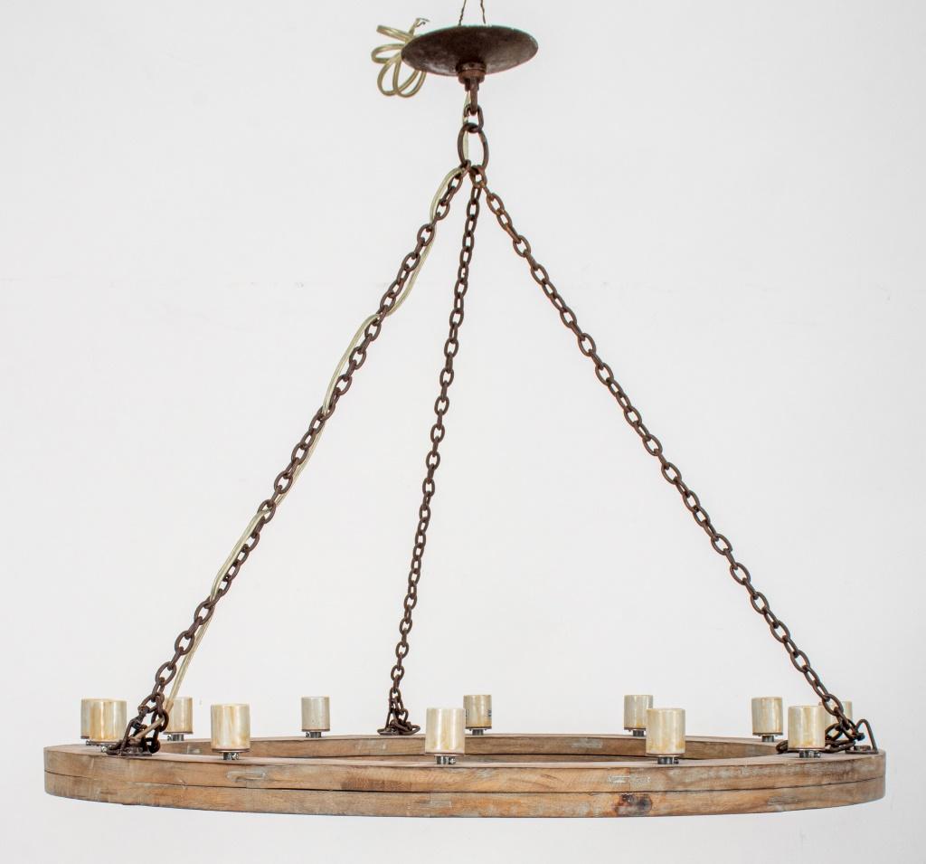 Rustic Oak & Iron Chain 12 Light Chandelier In Good Condition In New York, NY