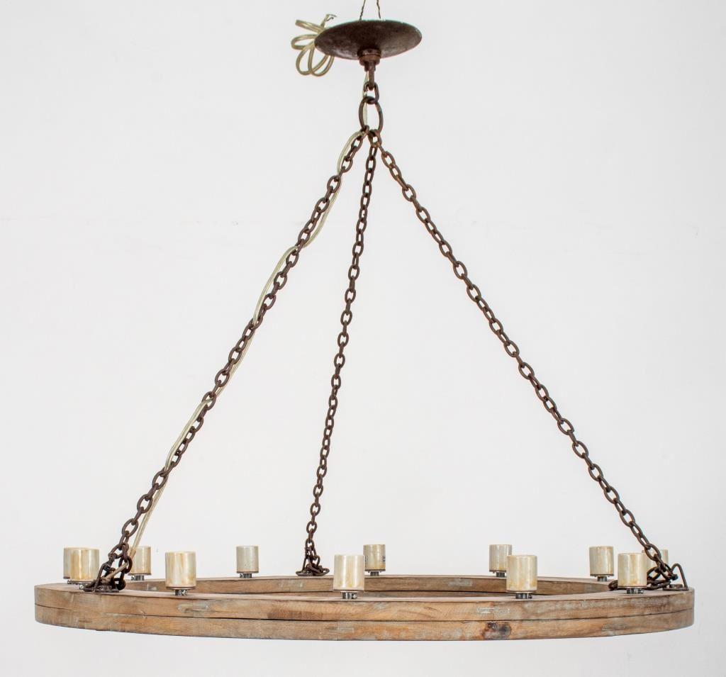 Rustic Oak & Iron Chain 12 Light Chandelier In Good Condition For Sale In New York, NY