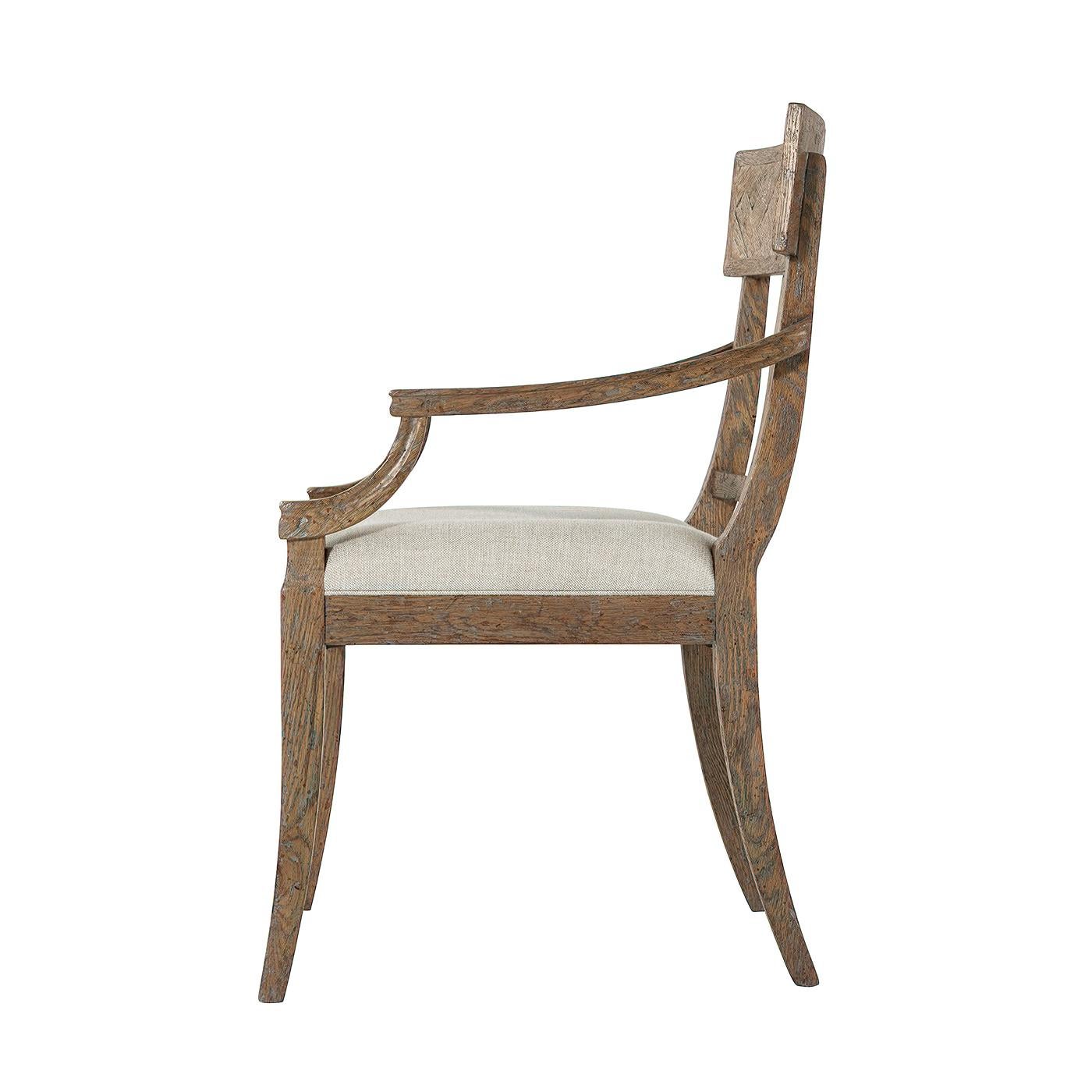 Rustic Oak Klismos Dining Armchair In New Condition For Sale In Westwood, NJ