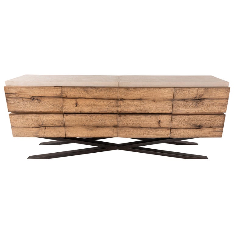 Rustic Oak Media Console Limestone Top with "X" Design Steel Base For Sale at 1stDibs