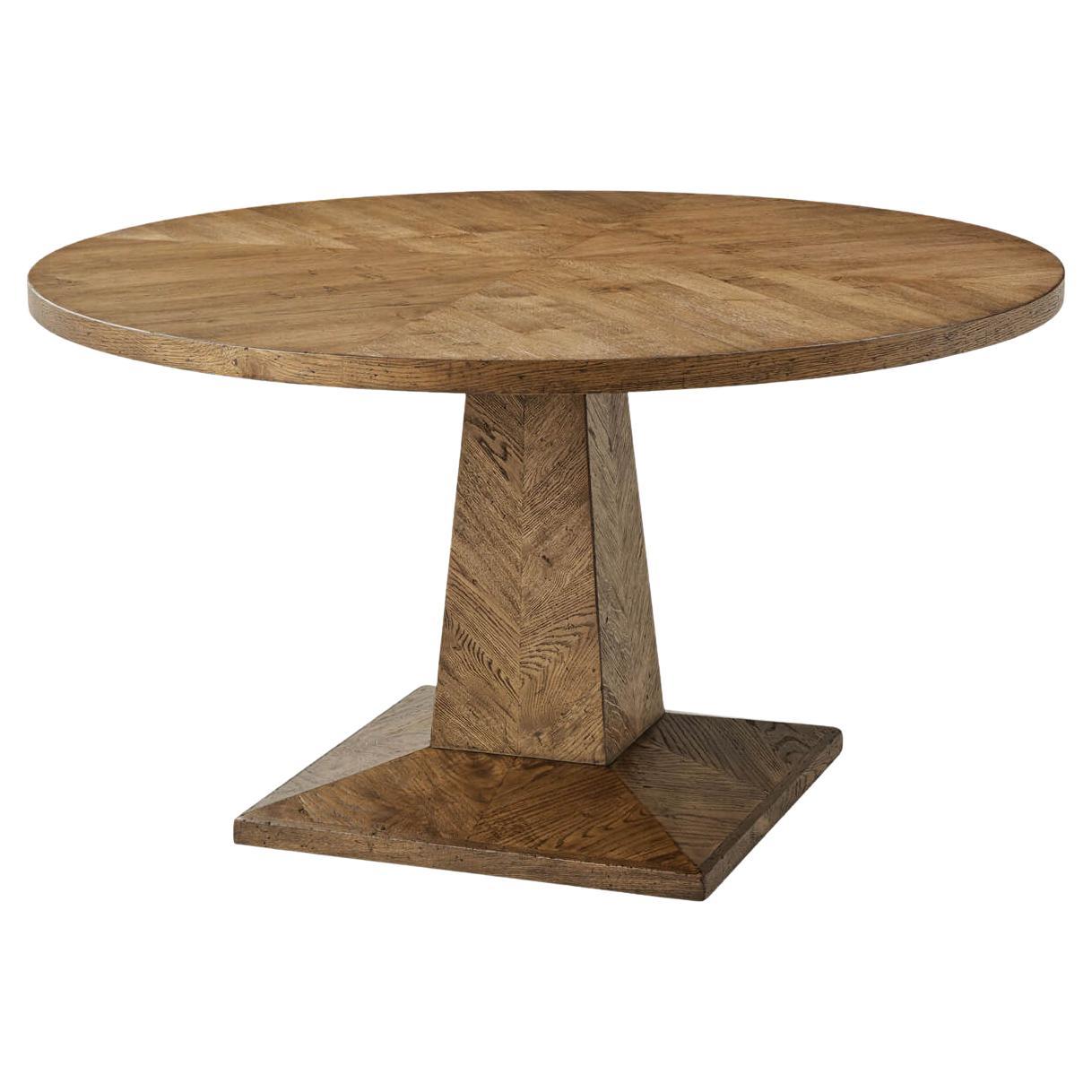 Rustic Oak Parquetry Round Dining Table For Sale