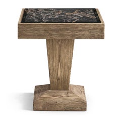 Rustic Oak Pedestal Side Table with Stone Top