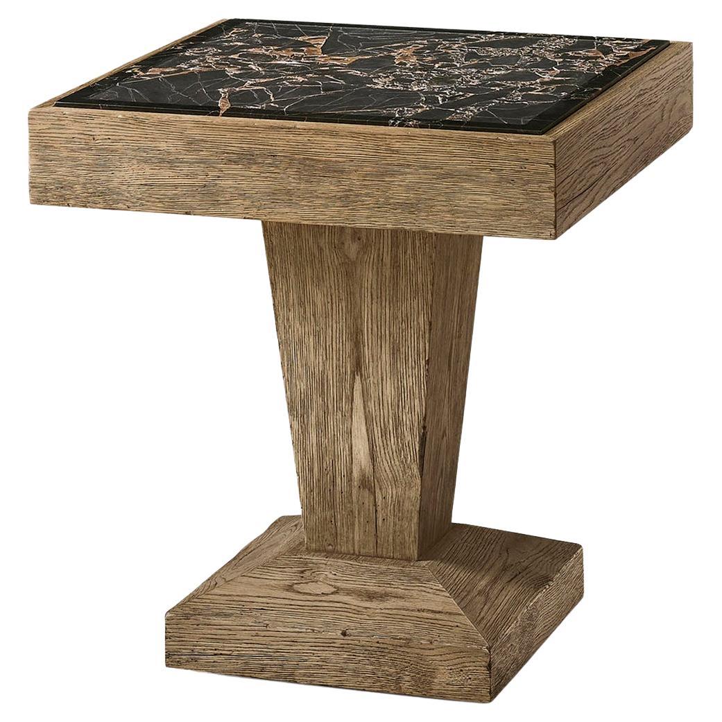Rustic Oak Pedestal Side Table with Stone Top For Sale