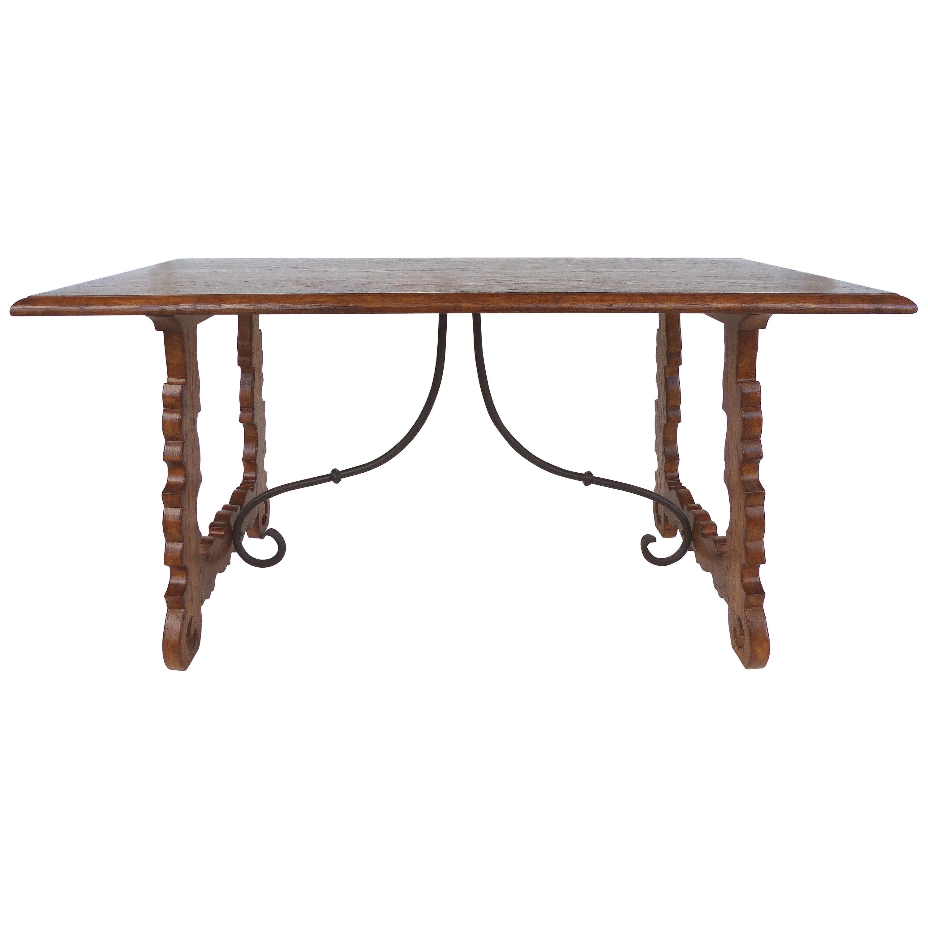 Rustic Oak Trestle Table with Iron Stretcher