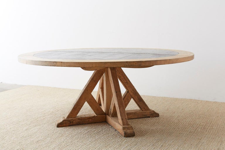 Reclaimed Oak Zinc Top Round Pedestal Dining Table at 1stDibs