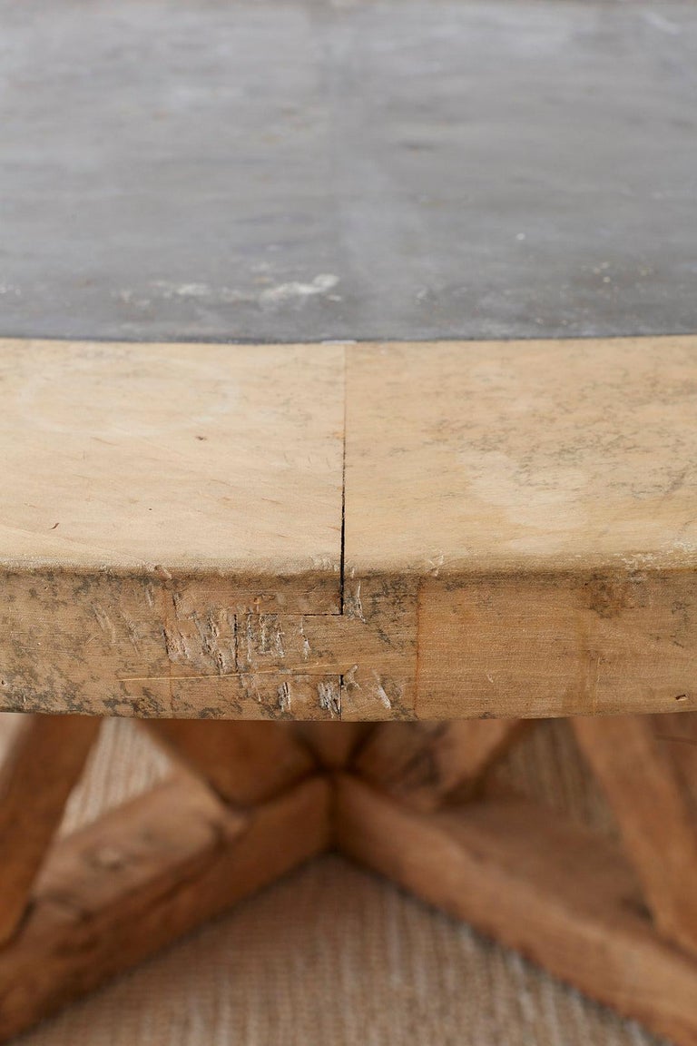 Reclaimed Oak Zinc Top Round Pedestal Dining Table at 1stDibs