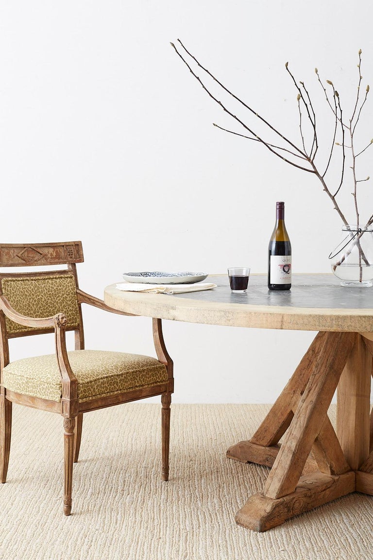 Reclaimed Oak Zinc Top Round Pedestal Dining Table at 1stDibs