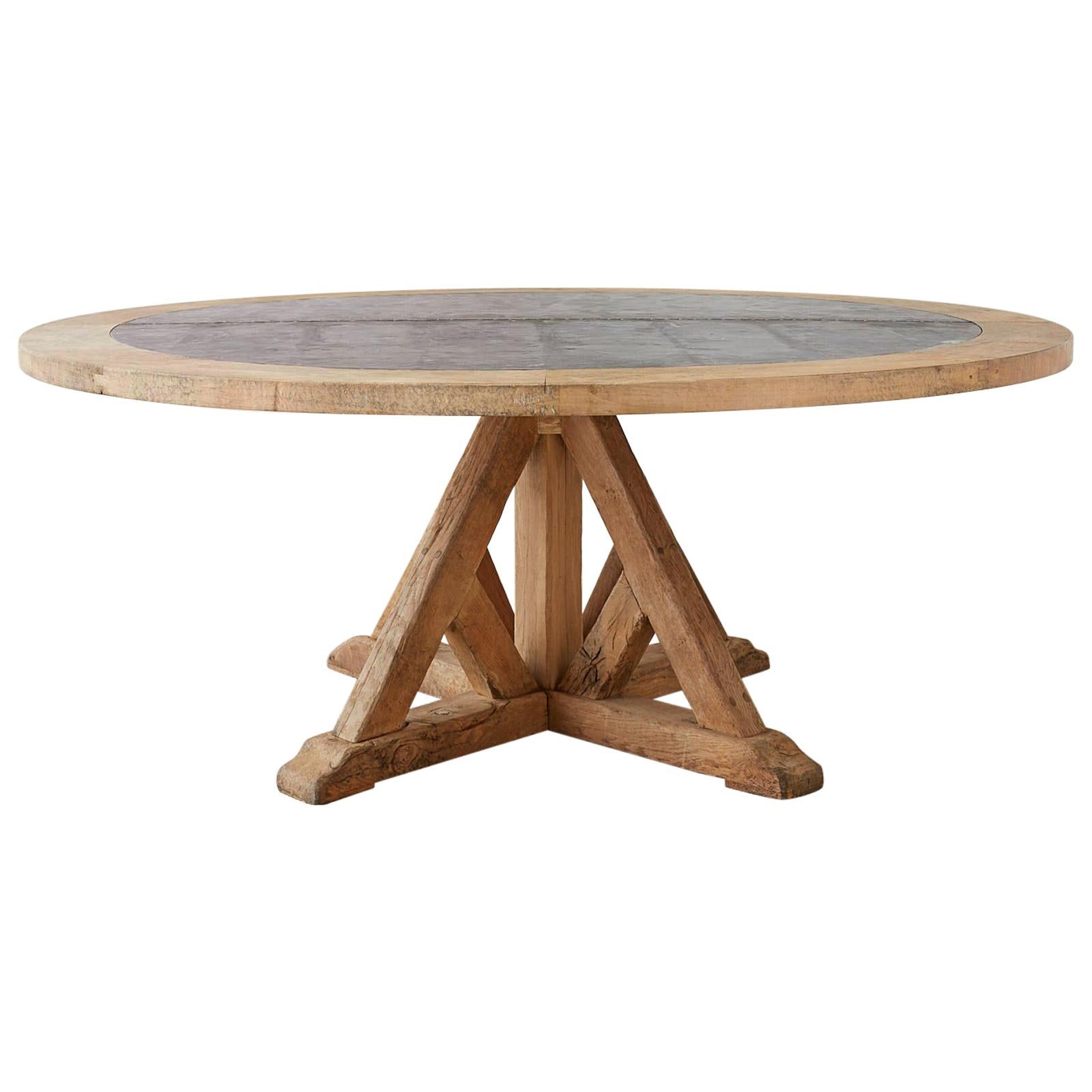 Reclaimed Oak Zinc Top Round Pedestal Dining Table