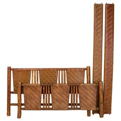Rustic Old Hickory Log and Woven Rattan Full Bed Frame