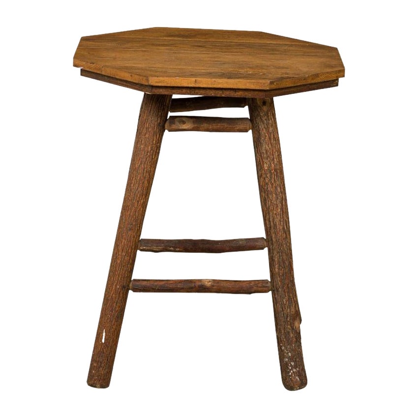 Rustic Old Hickory Octagonal Top Wood and Log End / Side Table For Sale