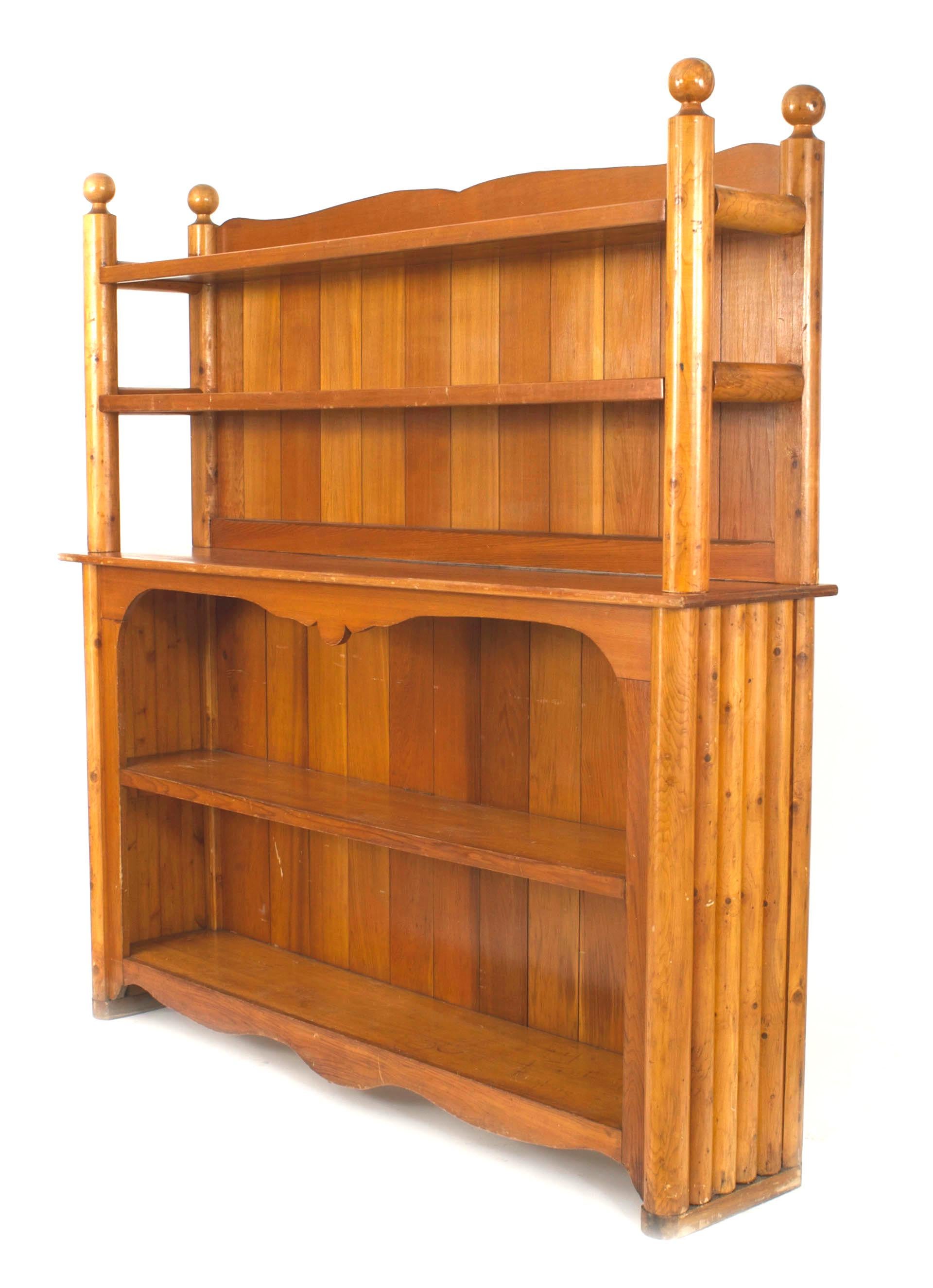American Old Hickory-style (1950s) cedar 2 section back bar cabinet having 2 top & bottom shelves. (RITTENHOUSE) (Related items: 060874, 060876, 060874A)
