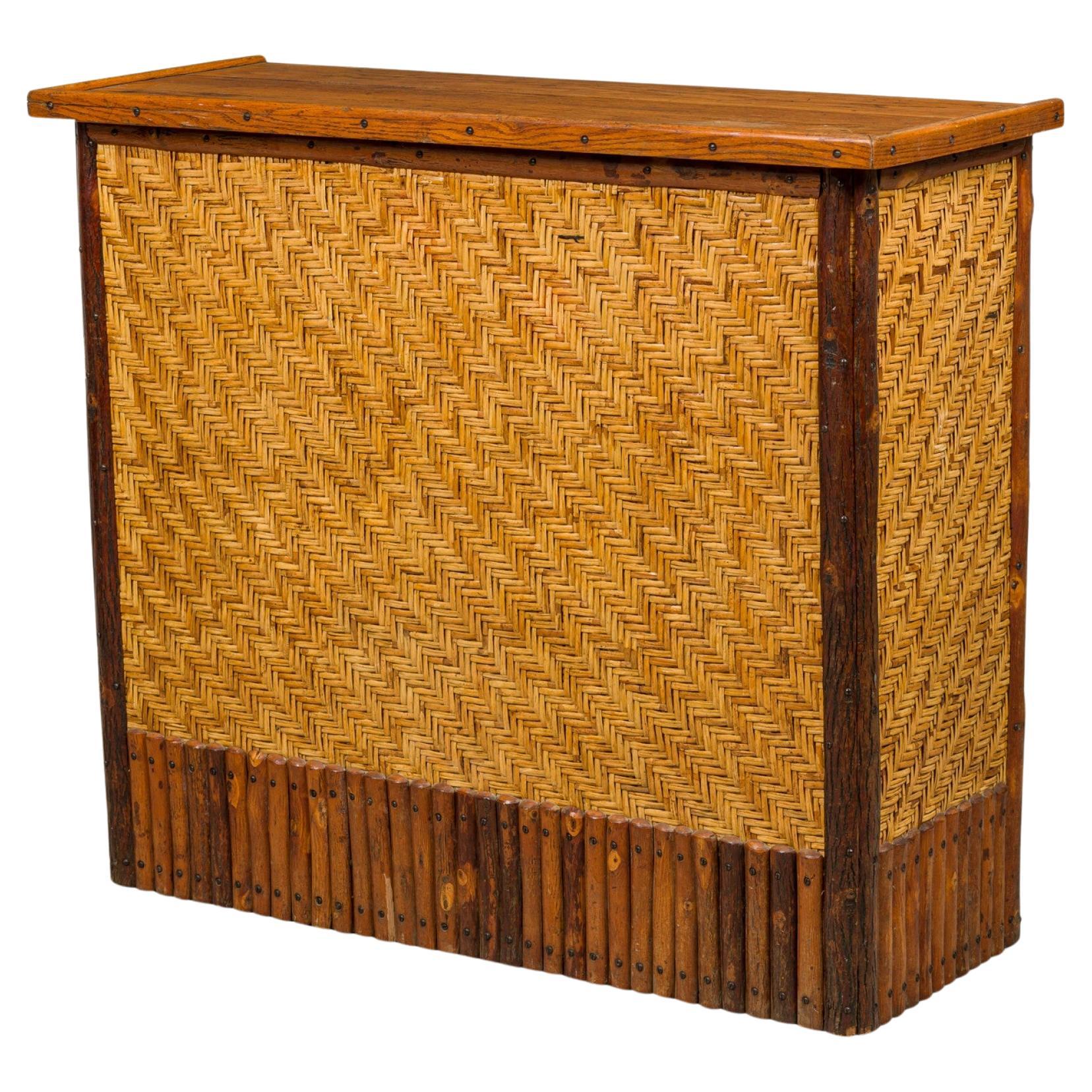 Rustic Old Hickory Style Log and Woven Rattan Bar For Sale
