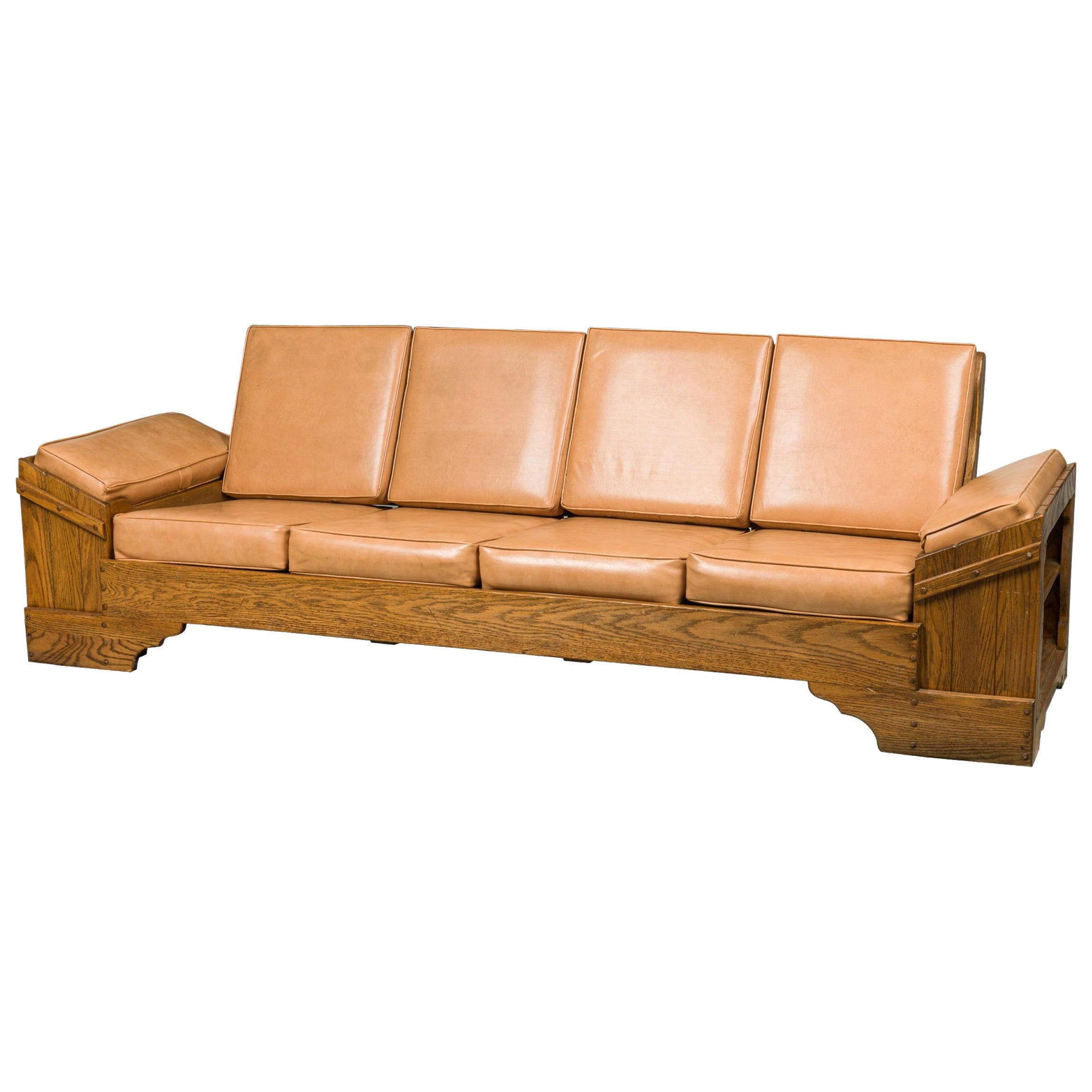 Rustic Old Hickory Wood and Tan Leather Settee
