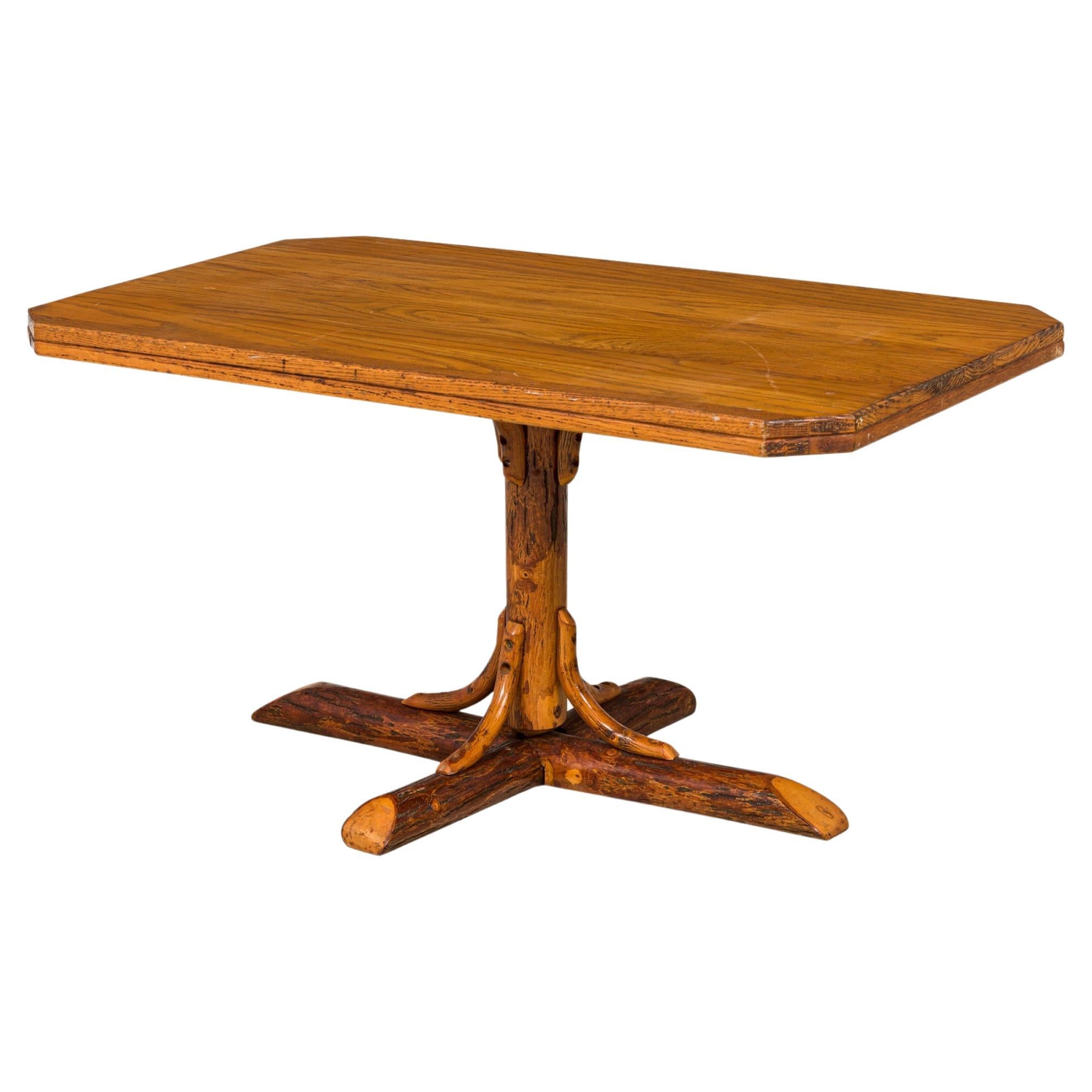 Rustic Old Hickory Wooden Pedestal Base Rectangular Coffee Table For Sale