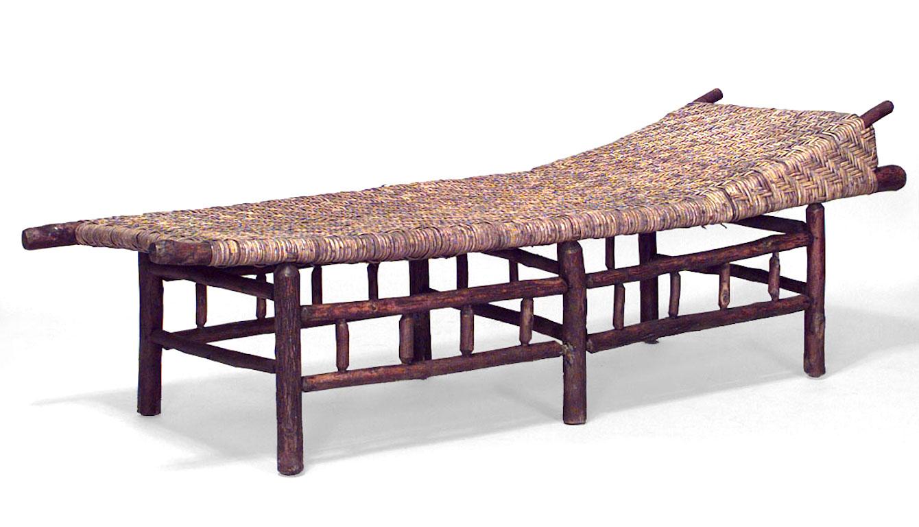 American Rustic Old Hickory (19/20th Century) daybed/chaise lounge with woven seat and spindle apron
