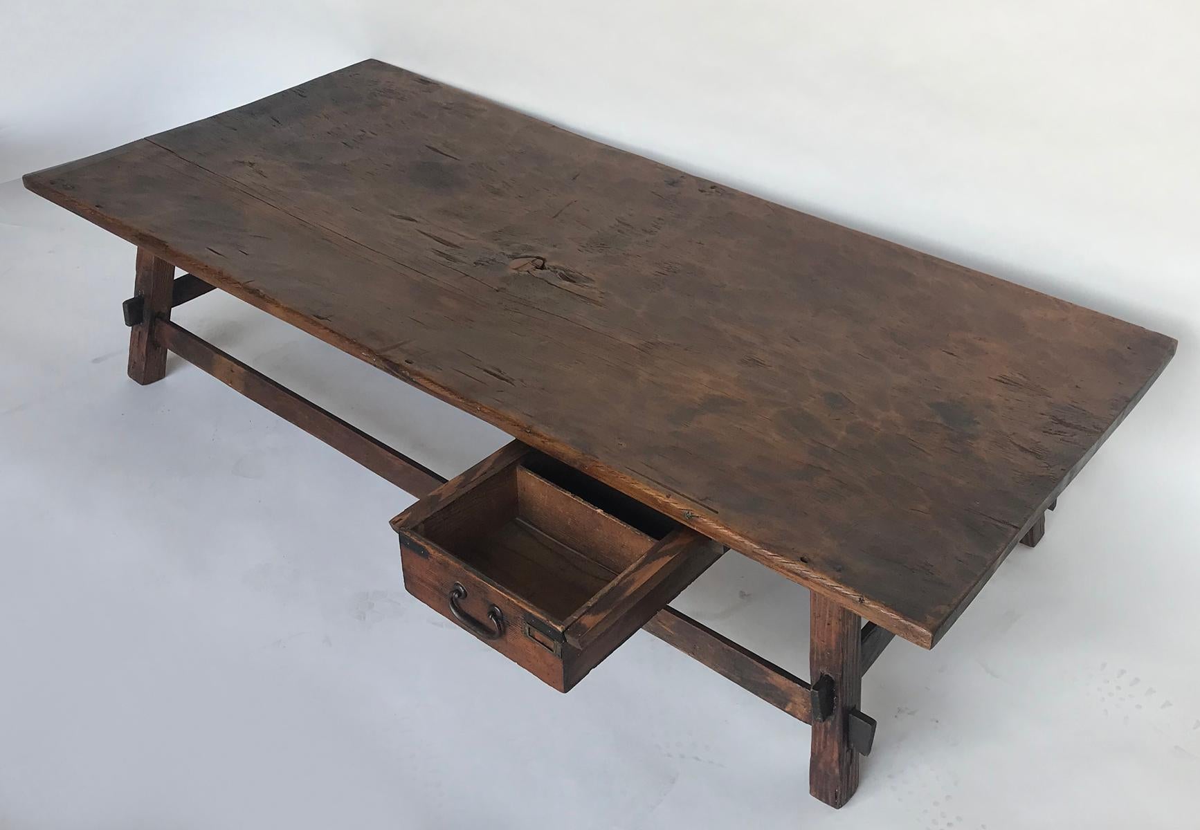 19th Century Rustic One Wide Board Coffee Table with Drawer